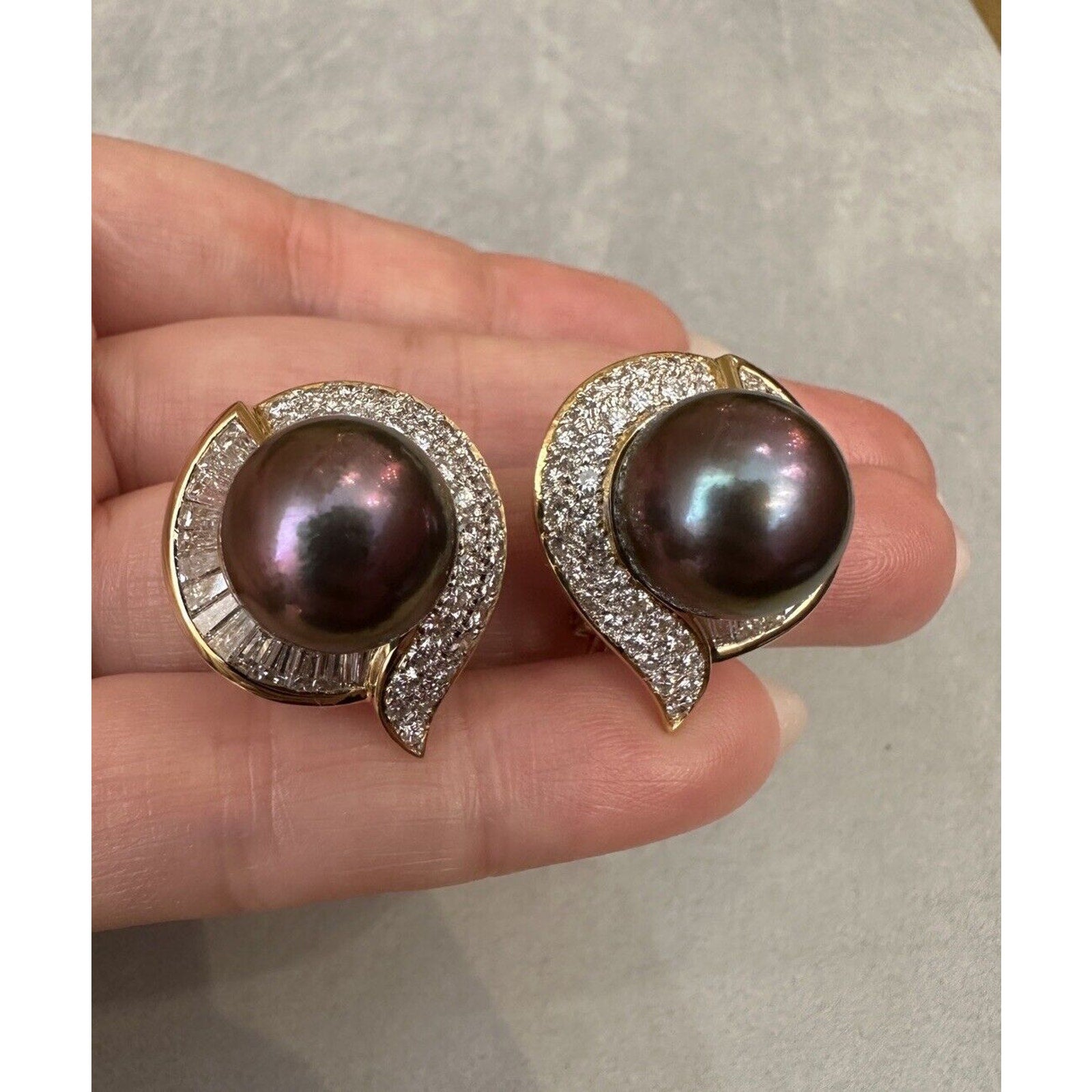 Black South Sea Pearl and Diamond Earrings in 18k Yellow Gold-HM2564AN