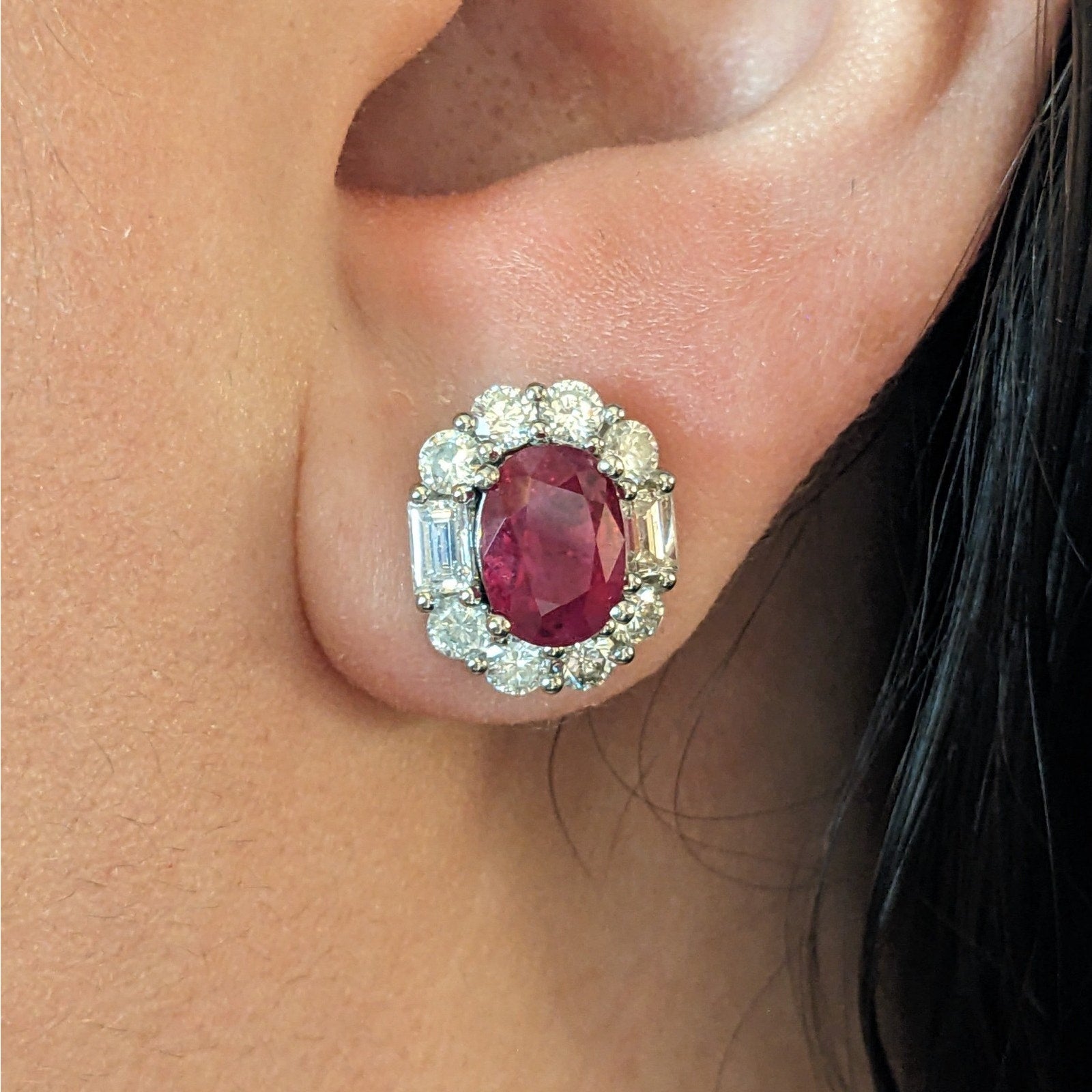 GIA Natural Burma Ruby Oval Stud Earrings with Diamonds in Platinum/18k-HM2763IB