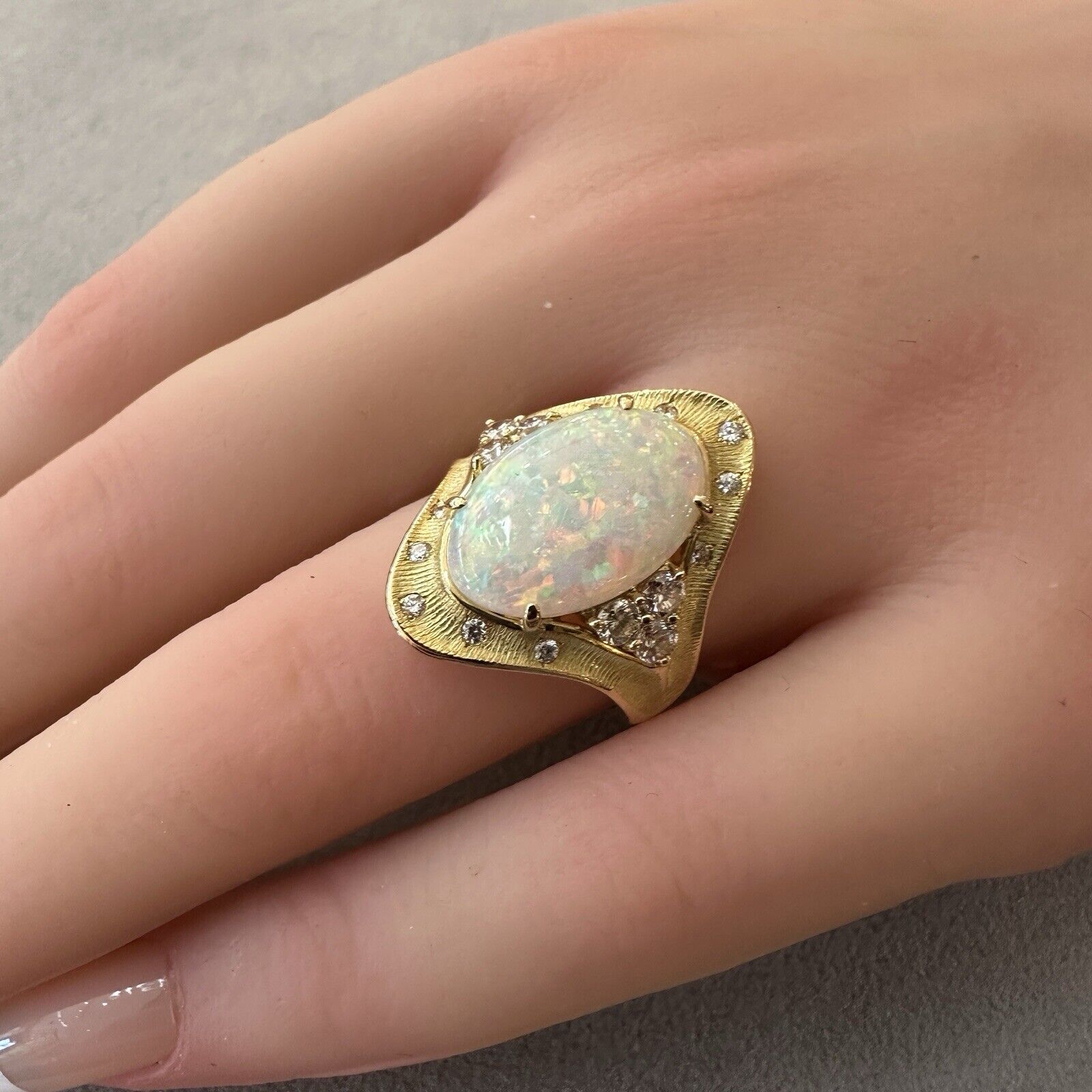 Natural Oval Opal & Diamond Ring in 18k Yellow Gold