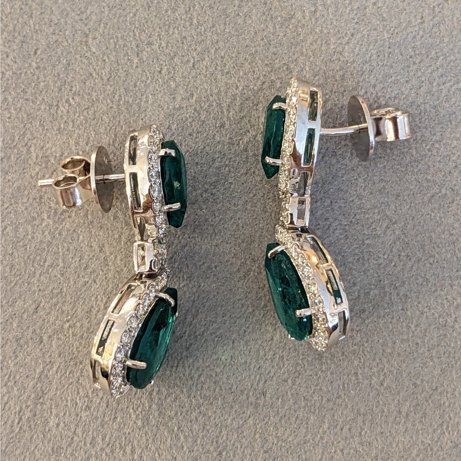 Natural Emerald and Diamond Drop Earrings in 18k White Gold