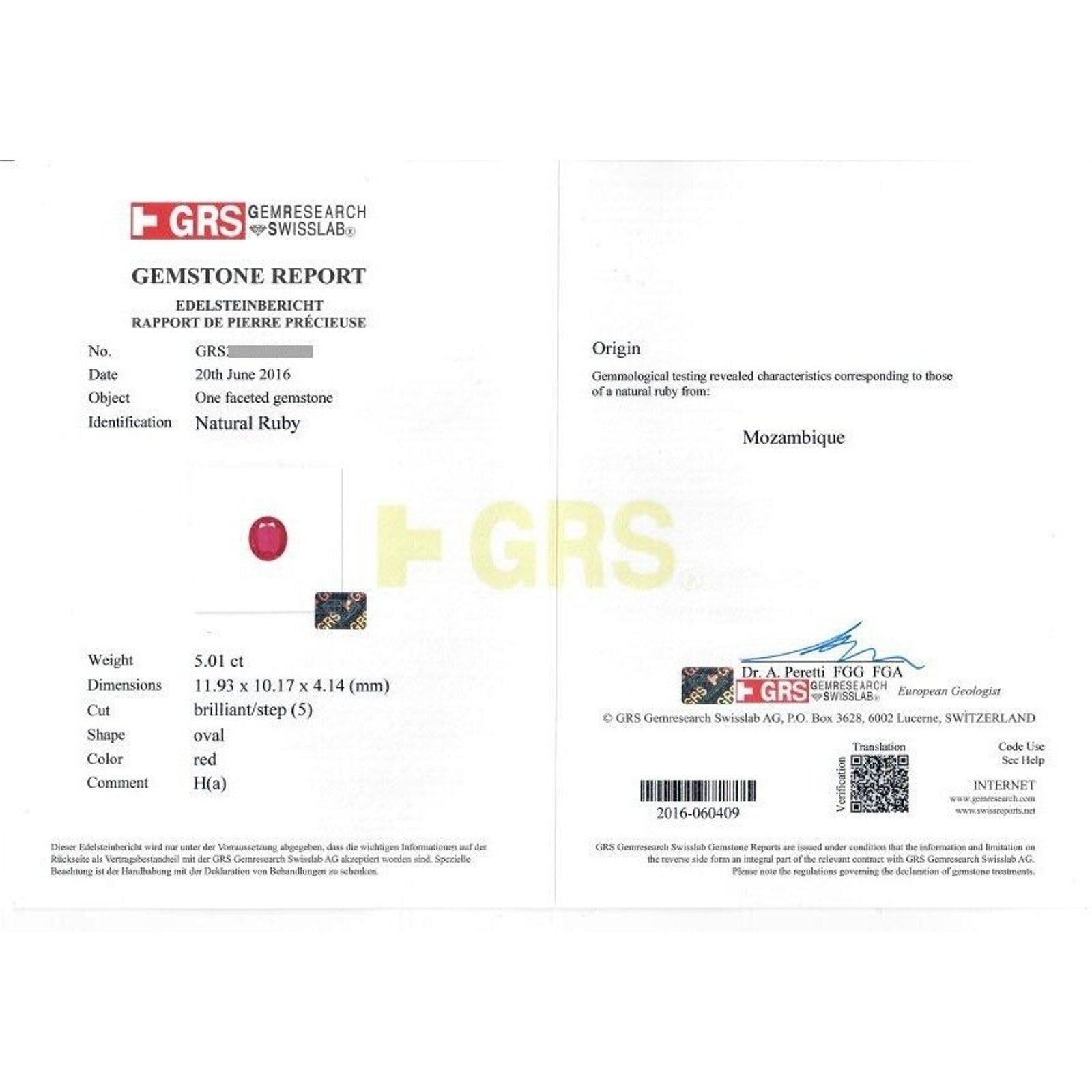 GRS Certified 5 ct Ruby Pendant Necklace w/ Diamonds in 18k White Gold -HM2421SA