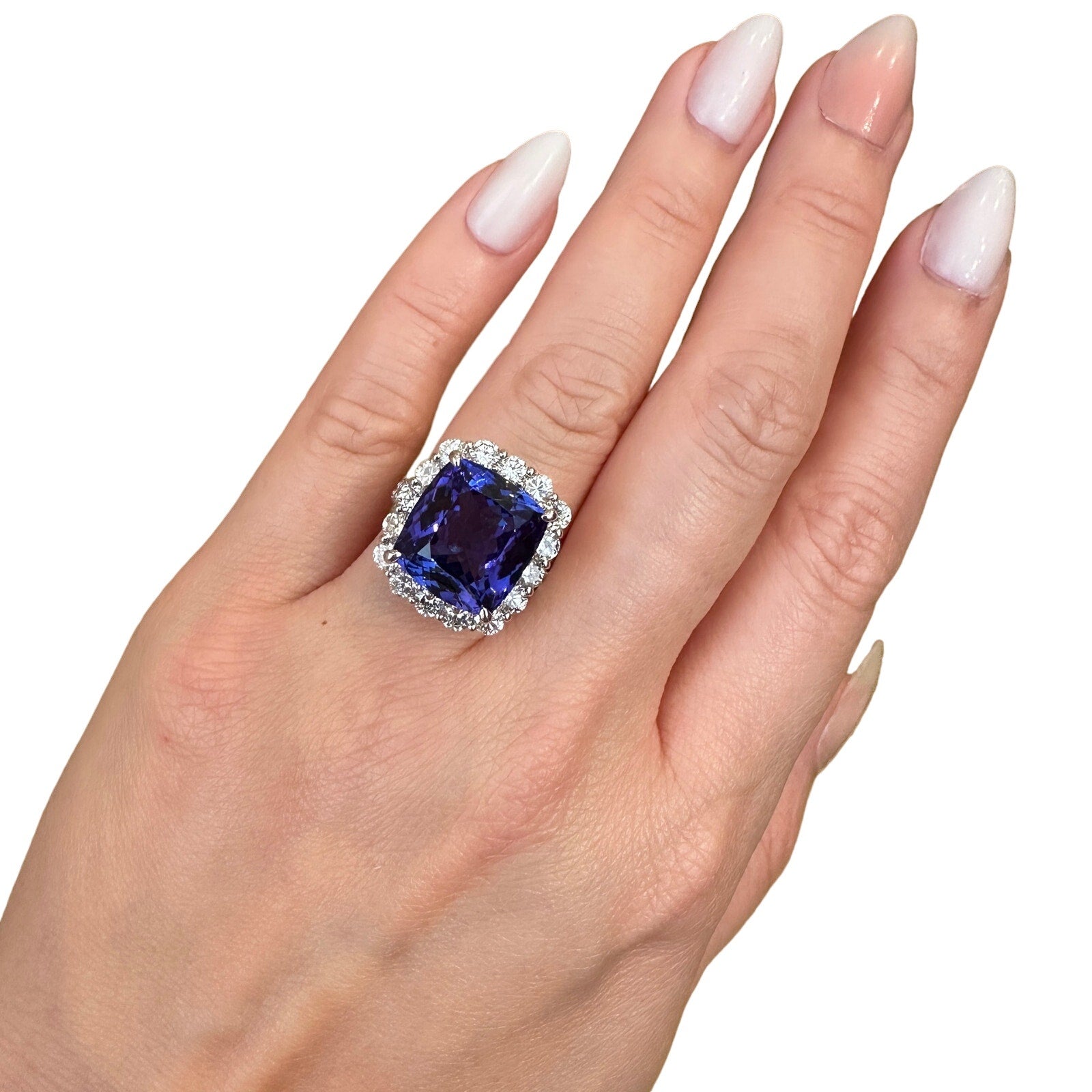 GIA 13.07cts Tanzanite in Diamond Halo Platinum Ring (HM2575ZB)