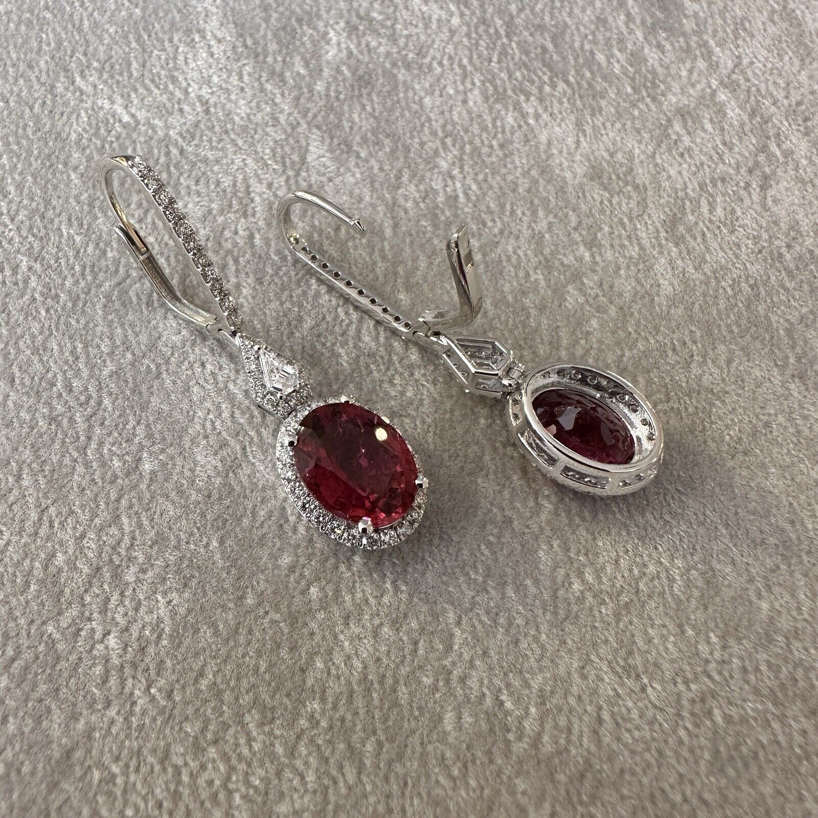 Natural Oval Rubellite and Diamond Drop Earrings in 18k White Gold