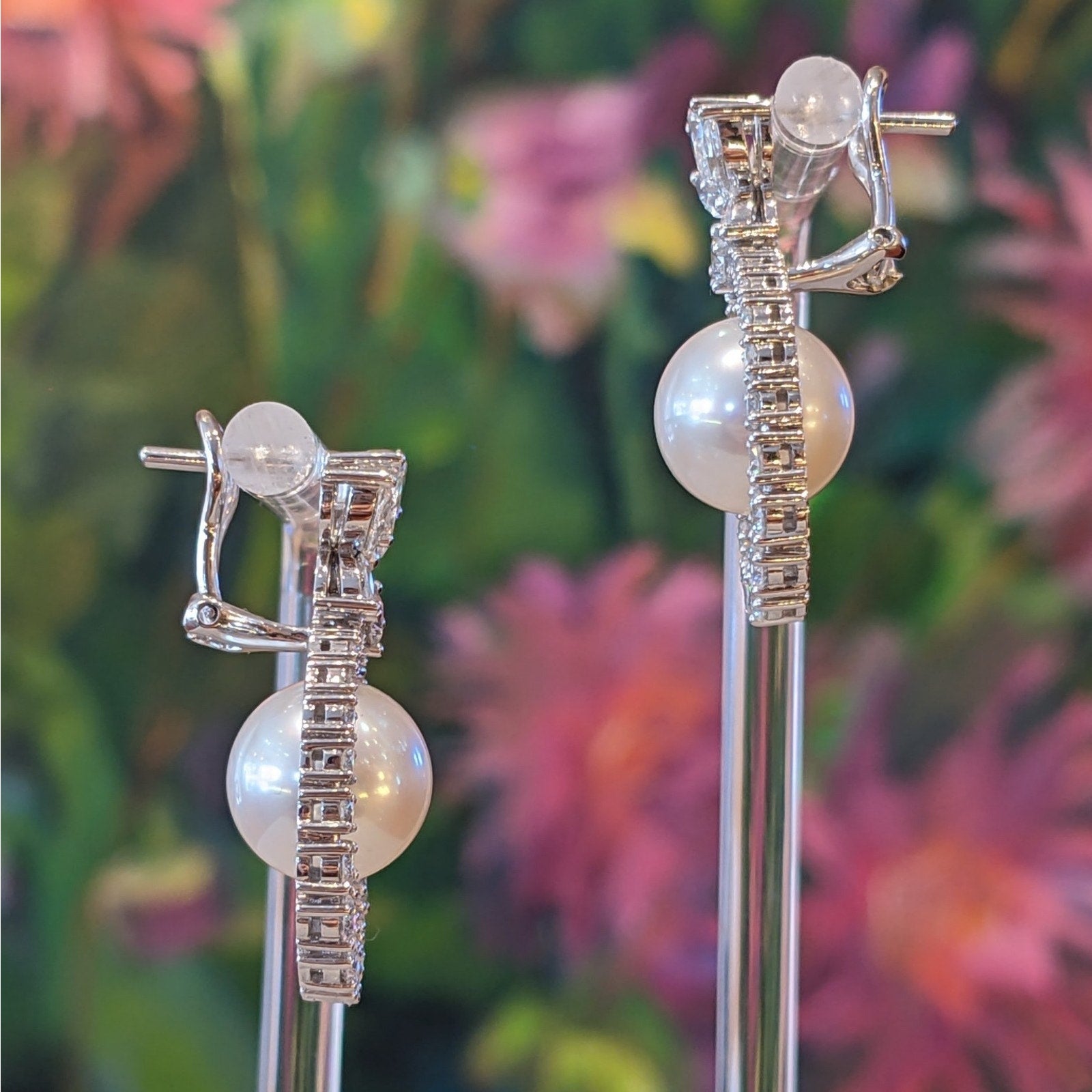 Natural Diamond and Pearl Dangle Earrings in 18k White Gold