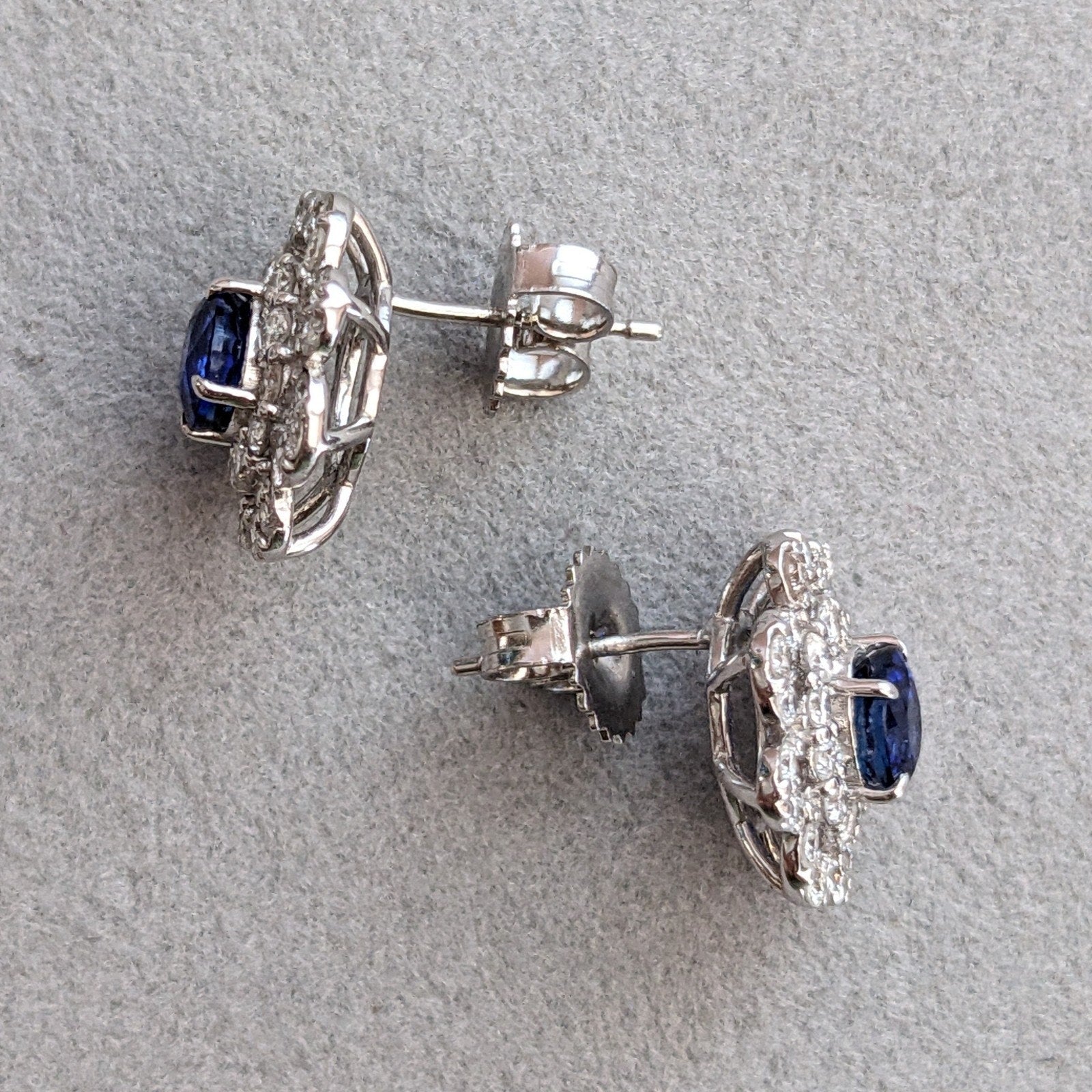 Oval Blue Sapphire and Diamond Stud Earrings in Platinum/18k Gold