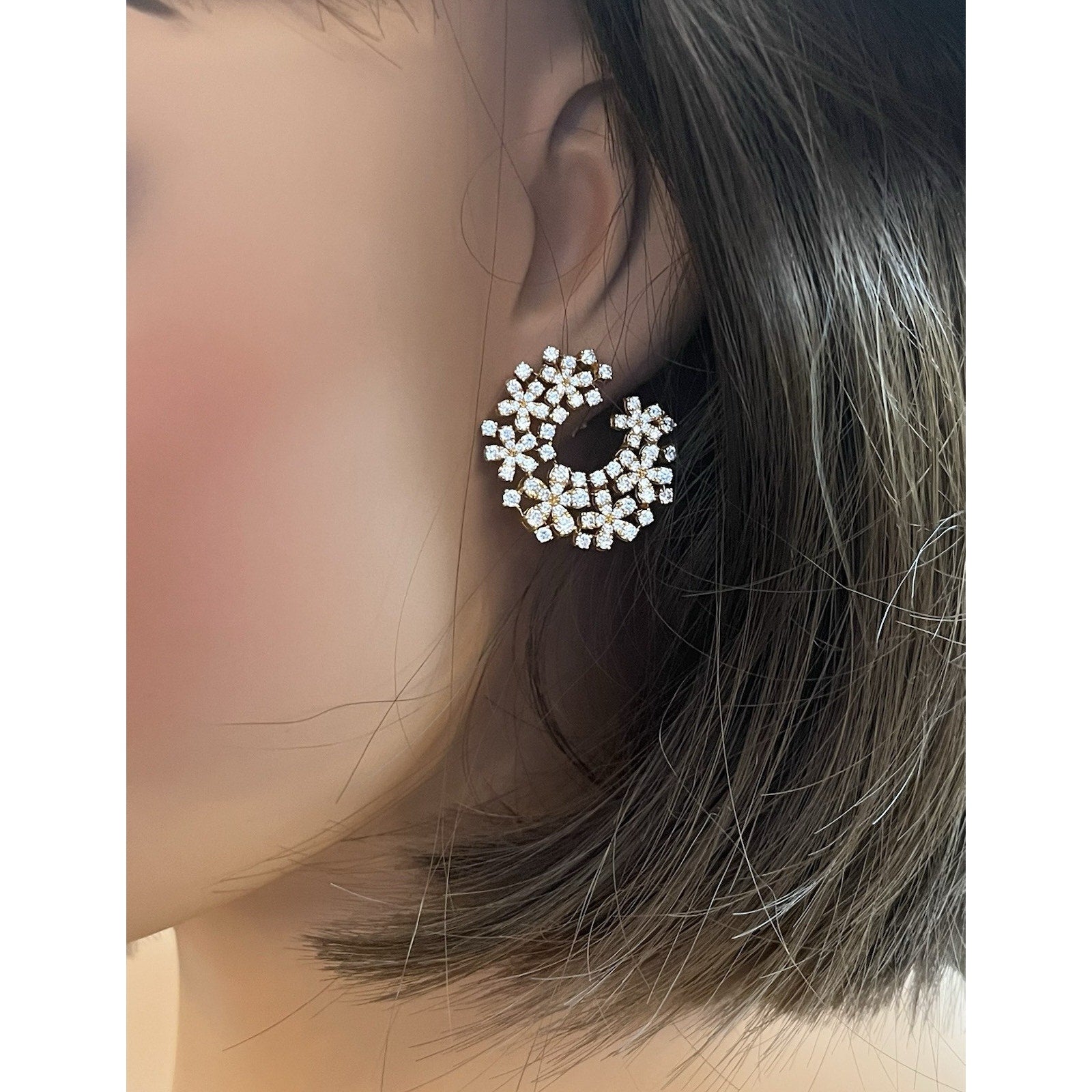 Diamond Crescent Earrings with Floret Motif in 18k Yellow Gold