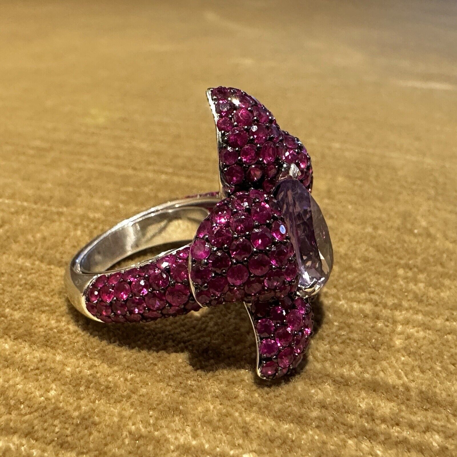 Ruby and Amethyst Flower Cocktail Ring in 18k White Gold