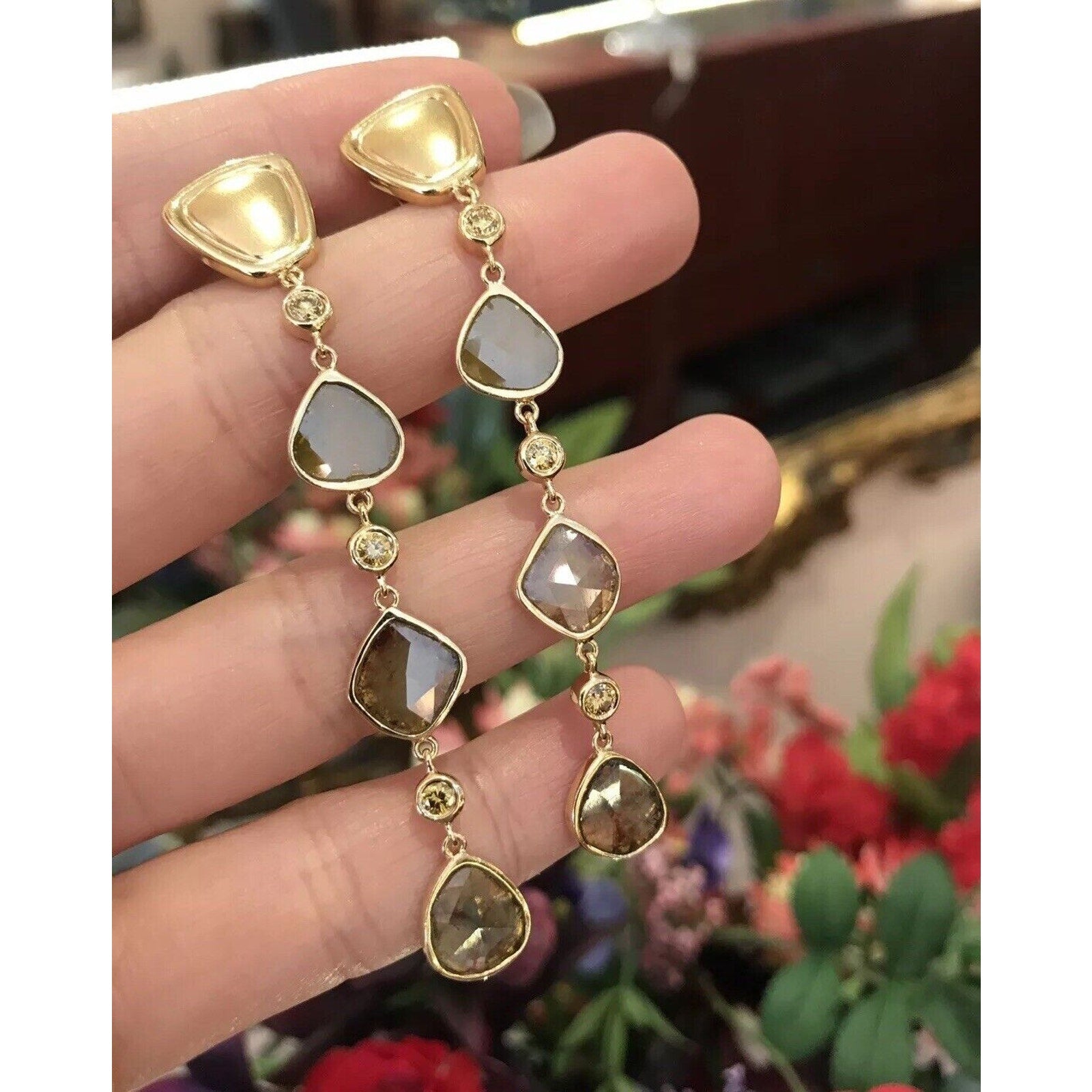 Sliced and Faceted Cognac Diamond Drop Earrings in 18k Yellow Gold