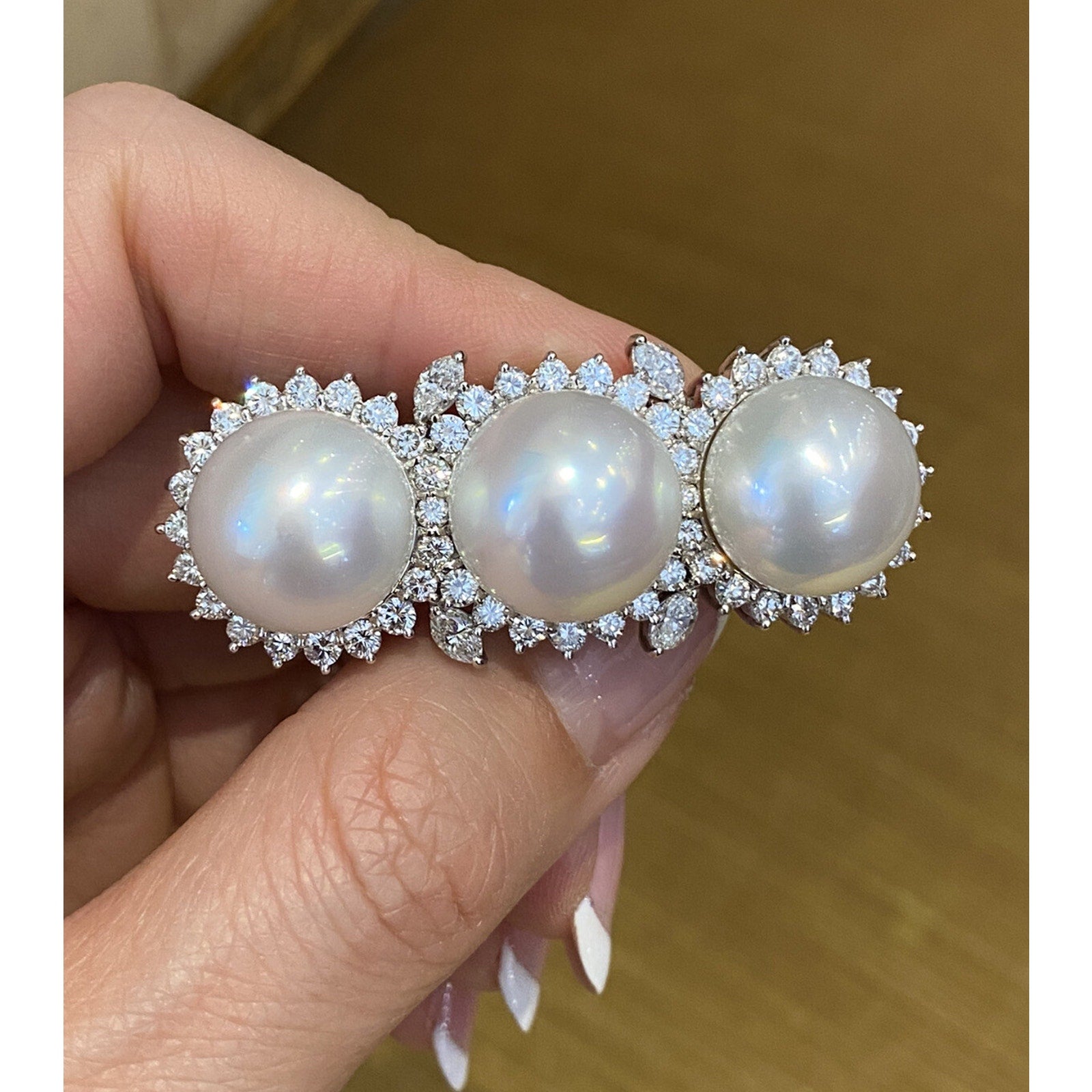 South Sea Pearl and Diamond Bar Brooch Pin in Platinum