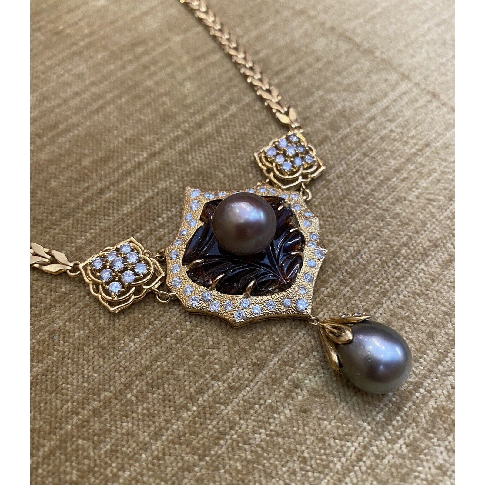 Vintage Black Pearls, Tourmaline and Diamond in 18k Yellow Gold -- HM1700AS