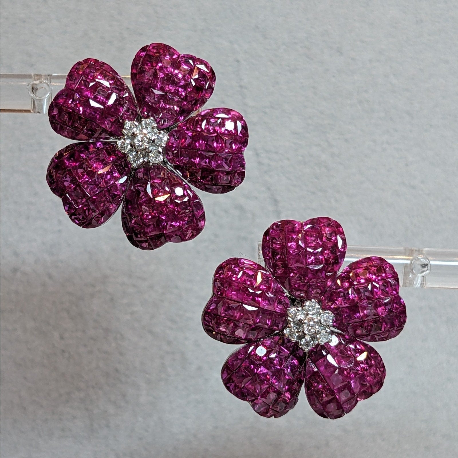Natural Ruby Mystery Set Flower Earrings with Diamonds in 18k White Gold