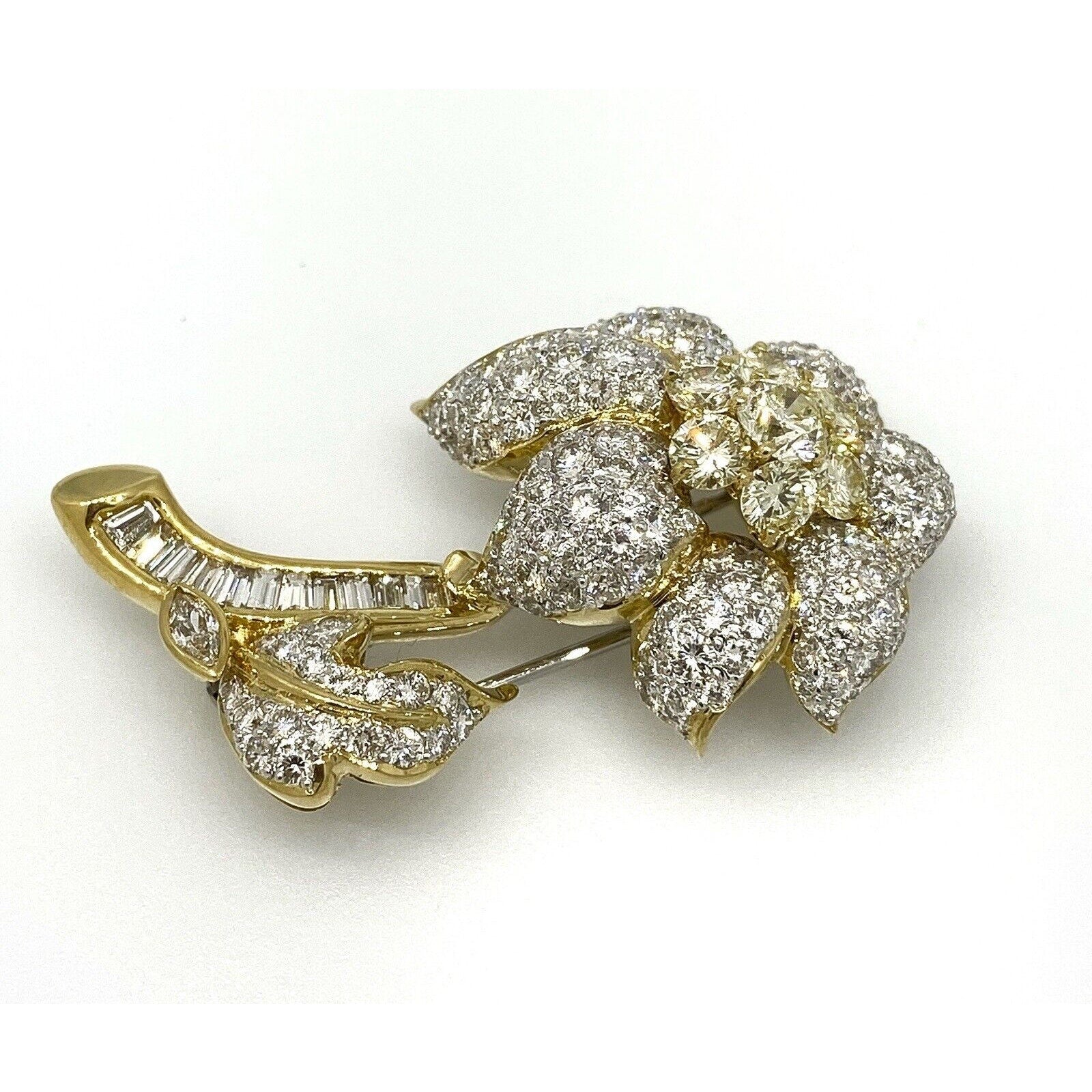 Estate Pave Diamond Flower Brooch / Pin in 18k Yellow Gold