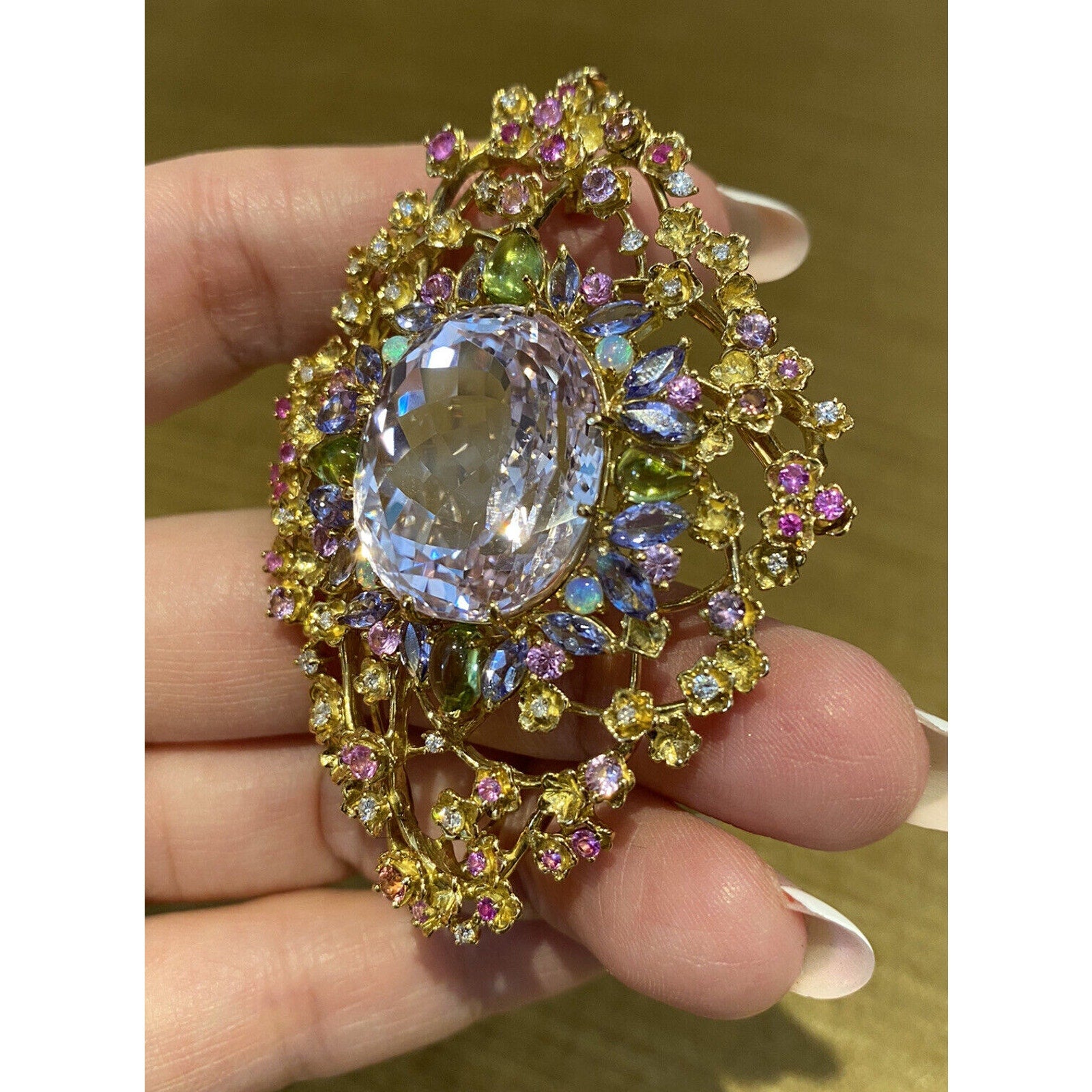 Large Kunzite and Multigems Diamond Pin / Brooch in 18k Yellow Gold