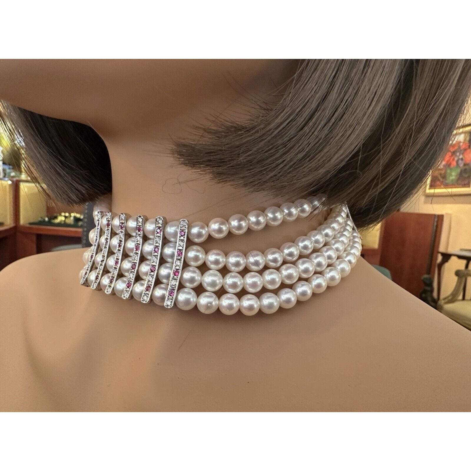 4 Row Pearl Choker Necklace with Rubies & Diamonds in Platinum