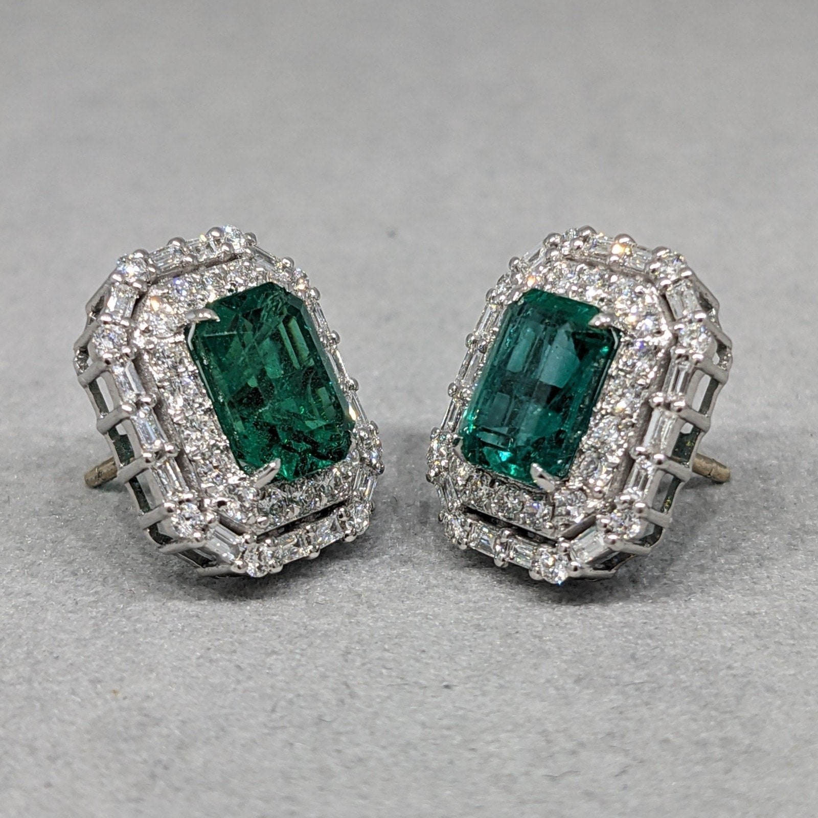 GIA 4.42 ct Emerald Double Halo Diamond Earrings in 18k White Gold