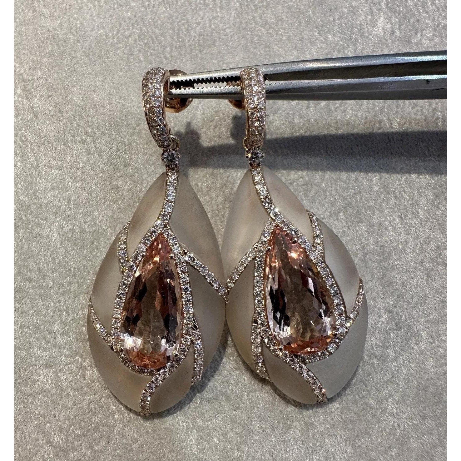 Morganite, Diamond & Rock Crystal Drop Earrings in 18k Rose Gold