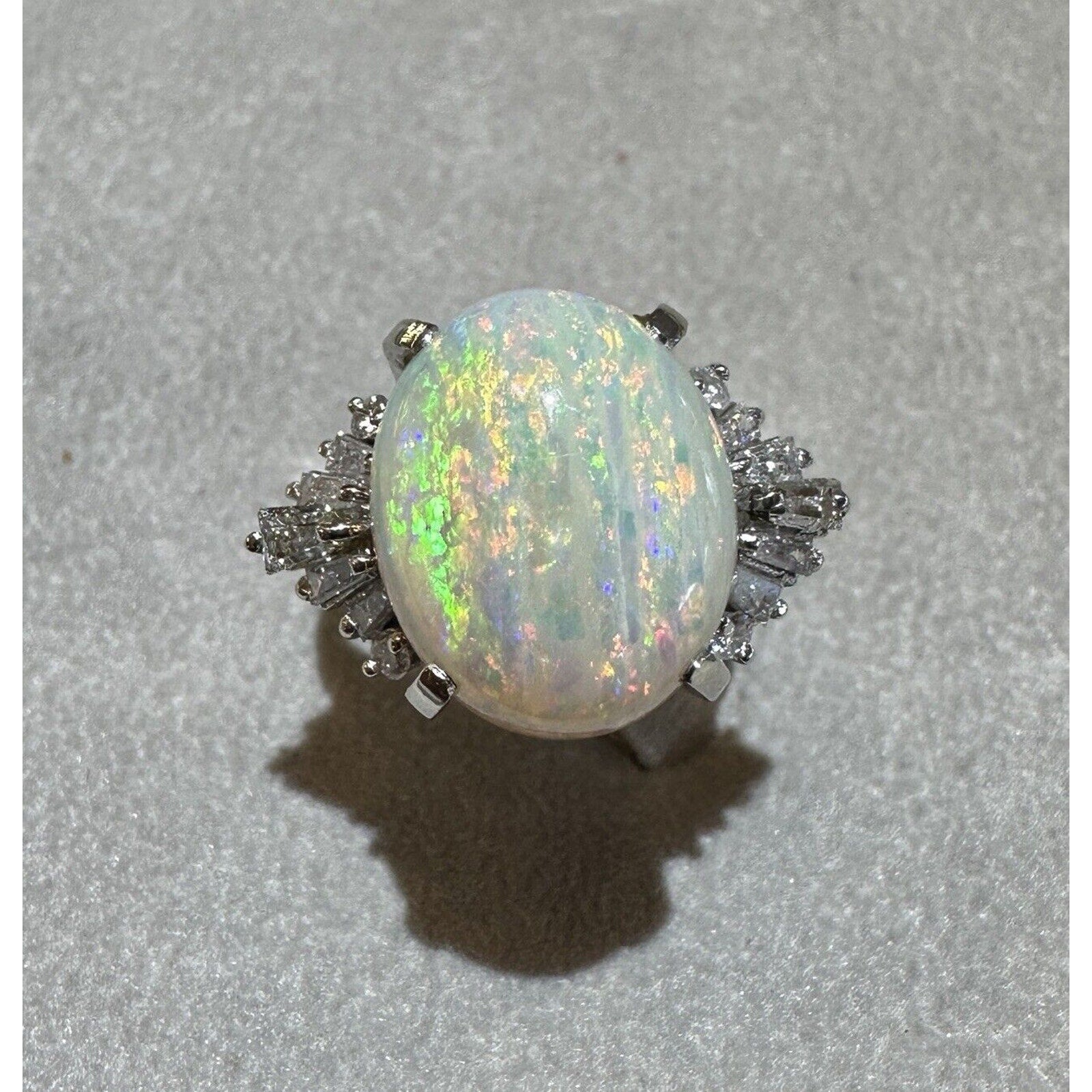 Natural 6.29 ct White Opal and Diamond Ring in Platinum