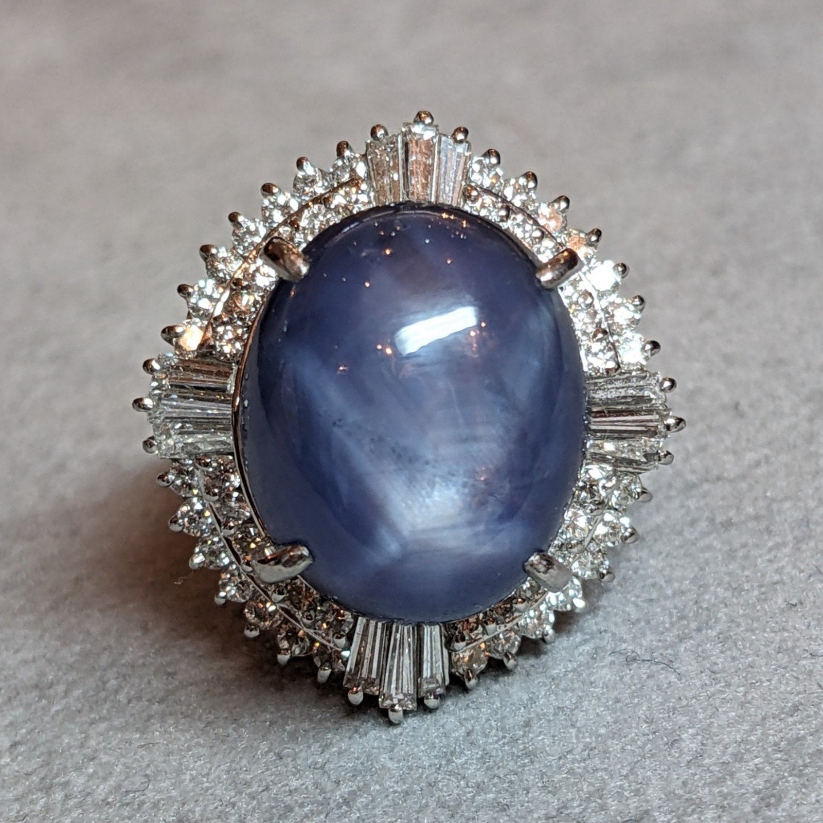 Large 31.52 ct Blue Star Sapphire in Platinum Diamond Ballerina Setting