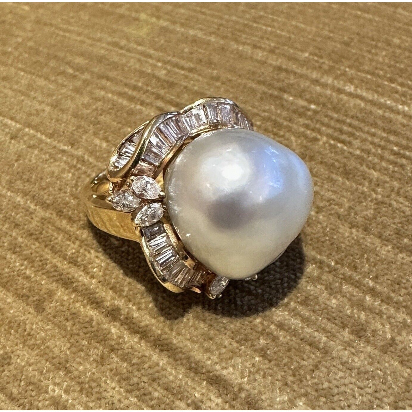 Large Estate Baroque Pearl and Diamond Ring in 18k Yellow Gold