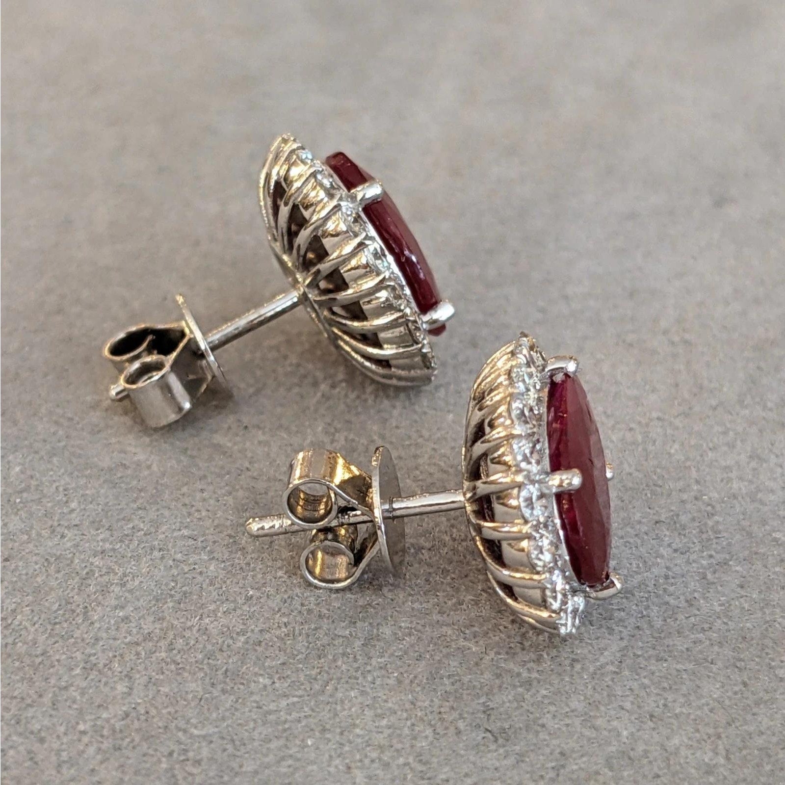 GIA Natural Oval Ruby Stud Earrings with Diamond Halo in 14k White Gold