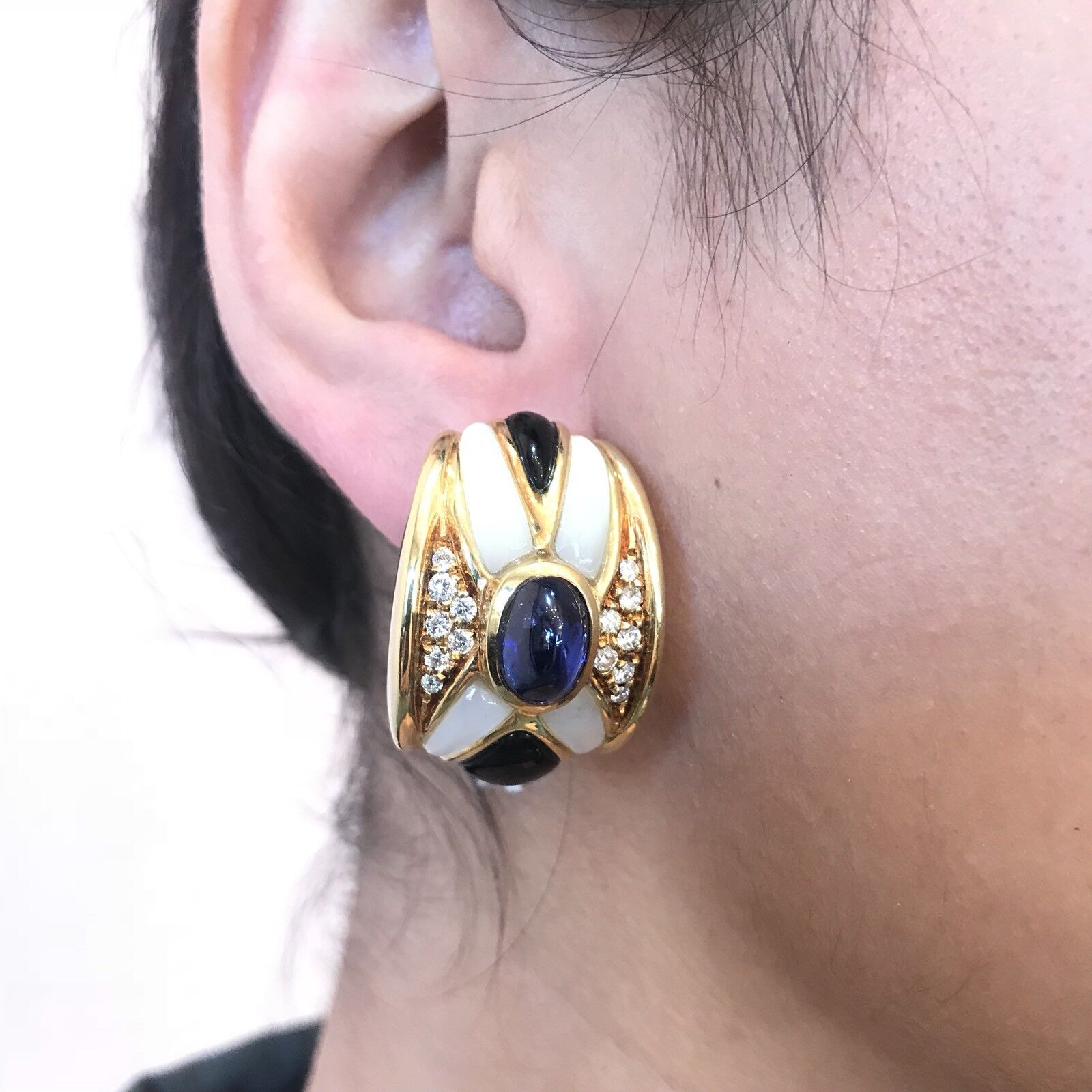 Sapphire, Diamond and Onyx Half Hoop Earrings in 18K Yellow Gold