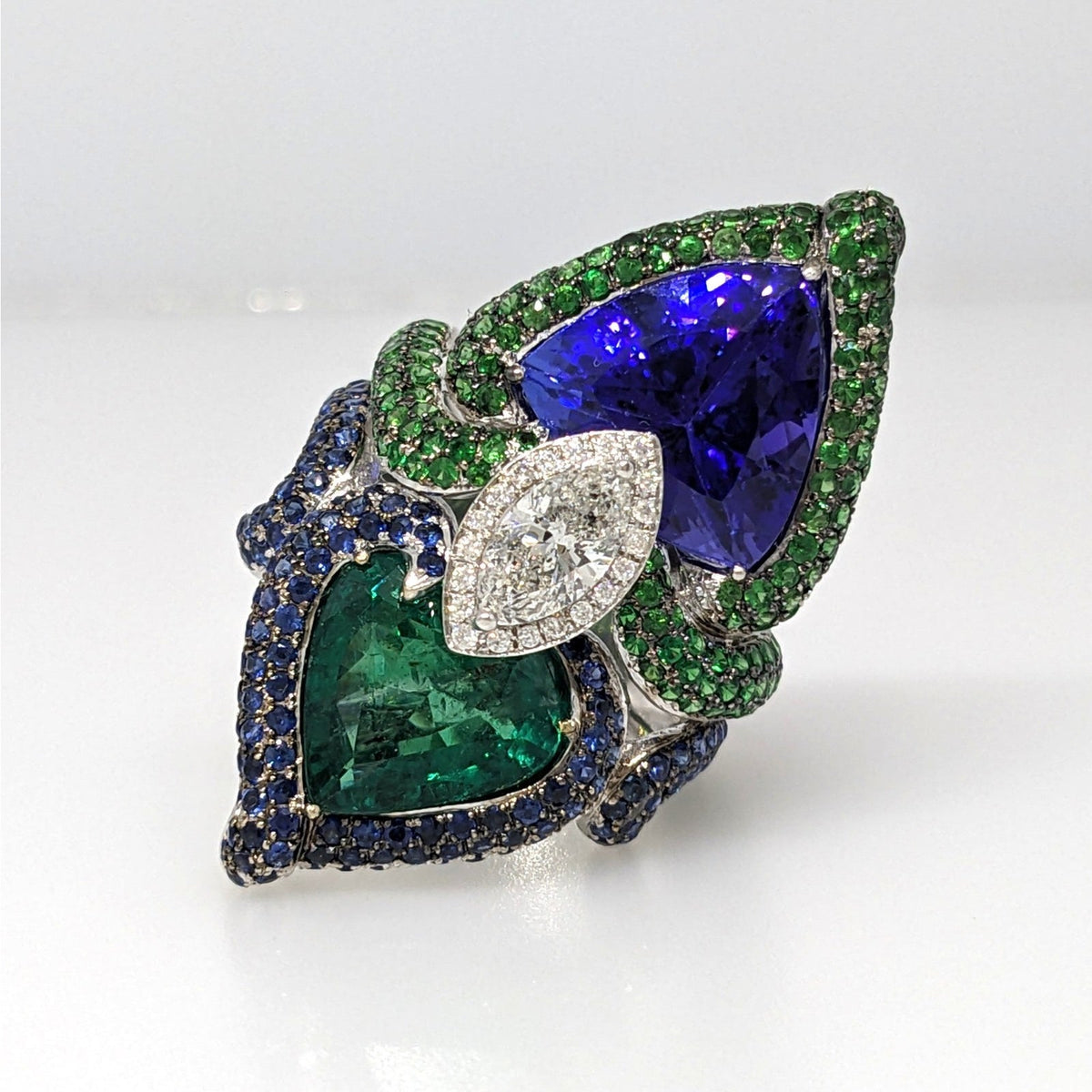GIA Natural Emerald and Tanzanite and Diamond Ring in 18k White Gold