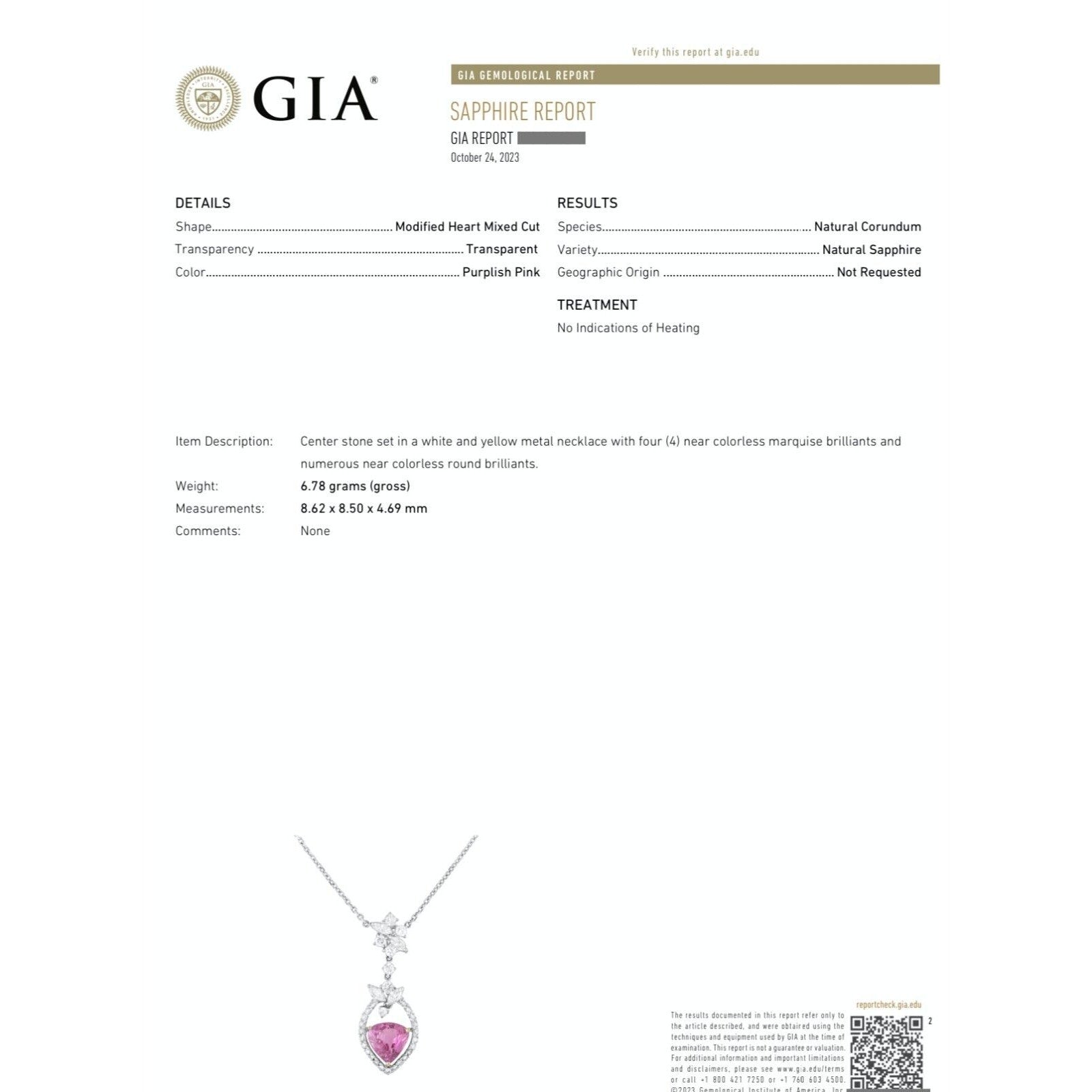 Certified Pink Sapphire and Diamond Pendant Necklace in 18k White Gold
