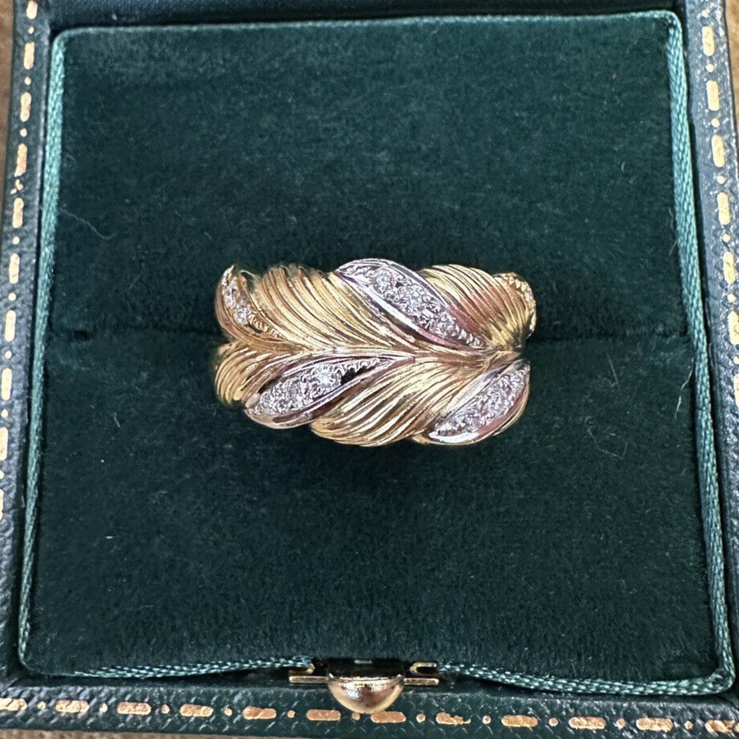 Carved Floral Diamond Band Ring in 18k Yellow Gold & Platinum