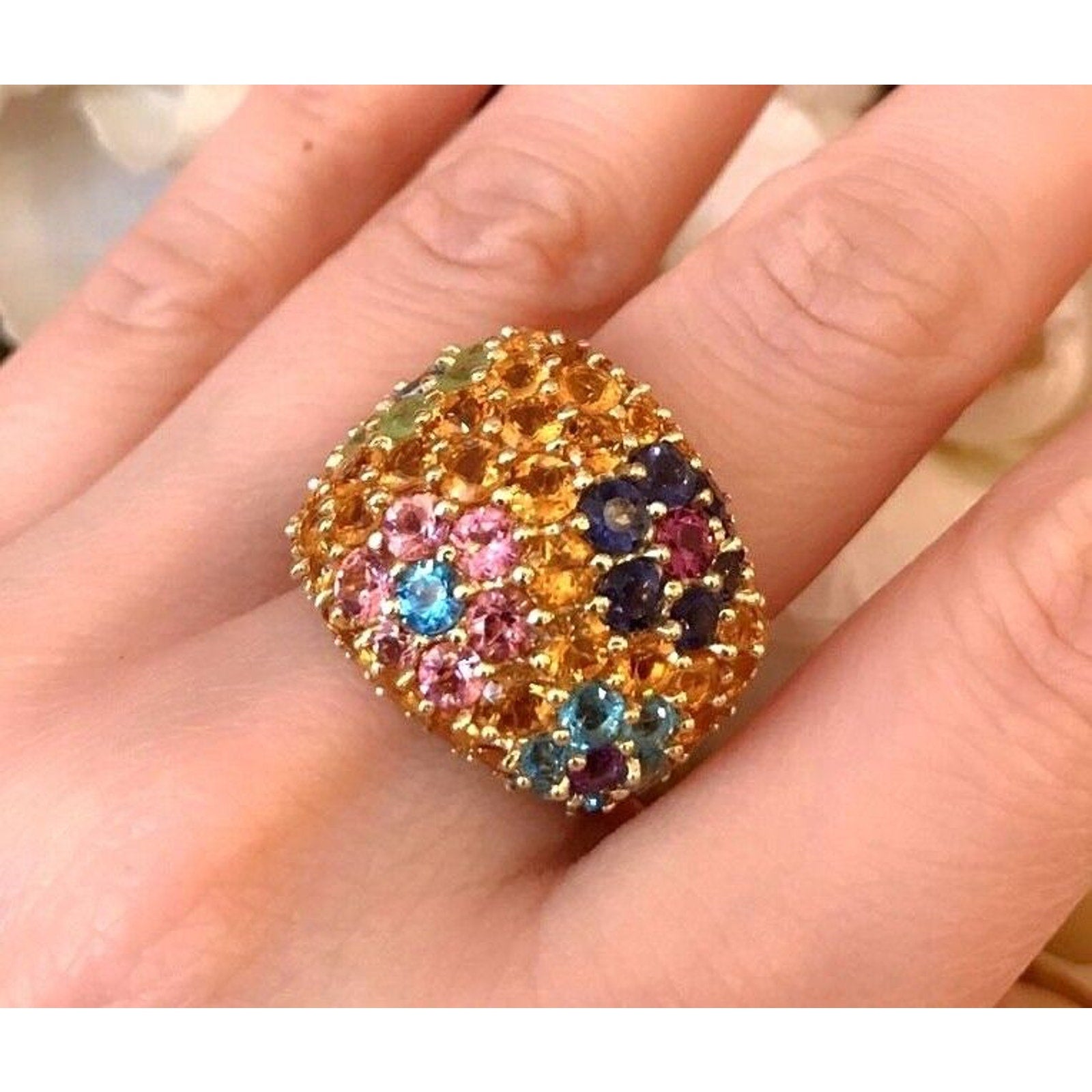 Wide Citrine-Peridot-Amethyst Flower Ring in 18k Yellow Gold