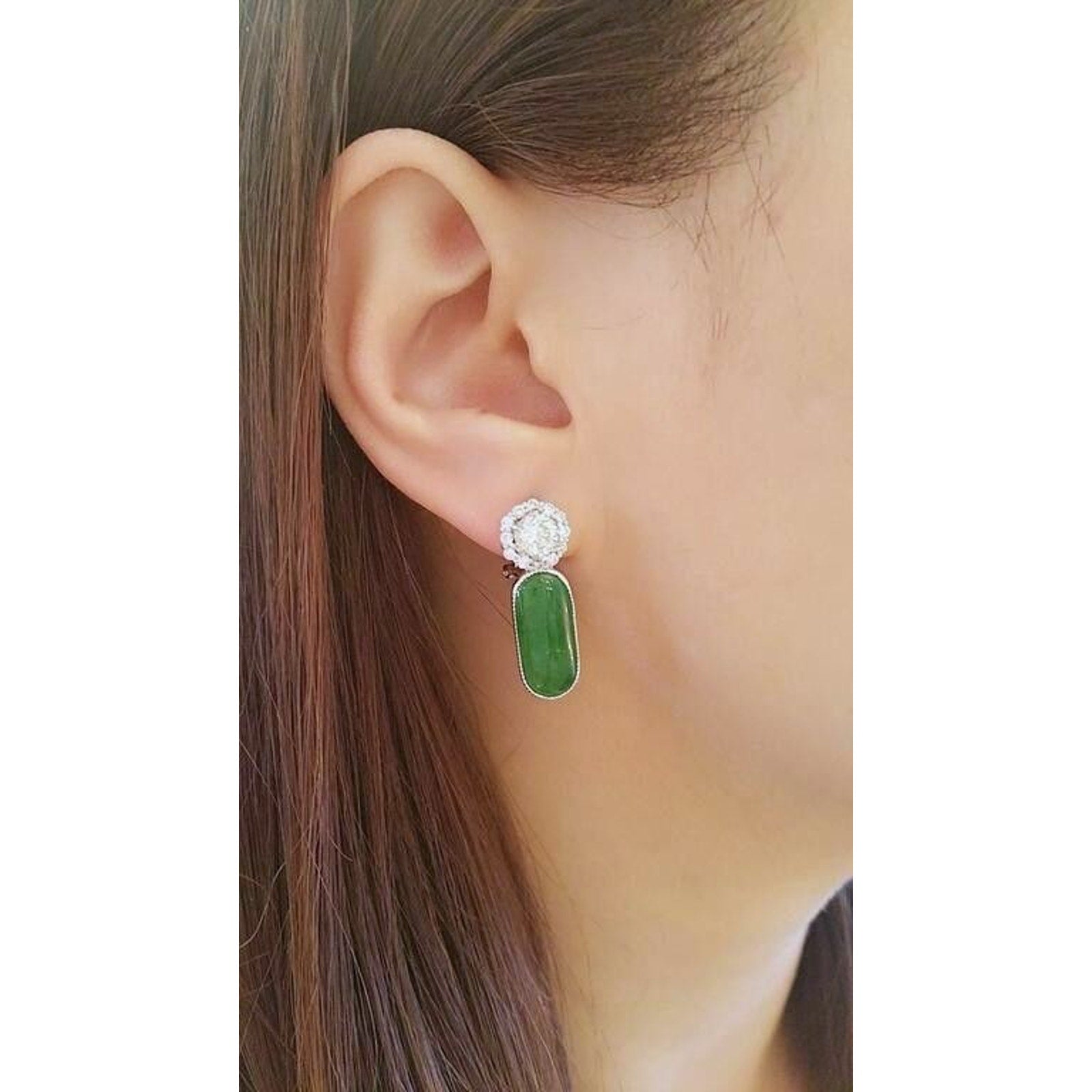 GIA Certified Natural Jadeite Jade Diamond Platinum Flower Earrings