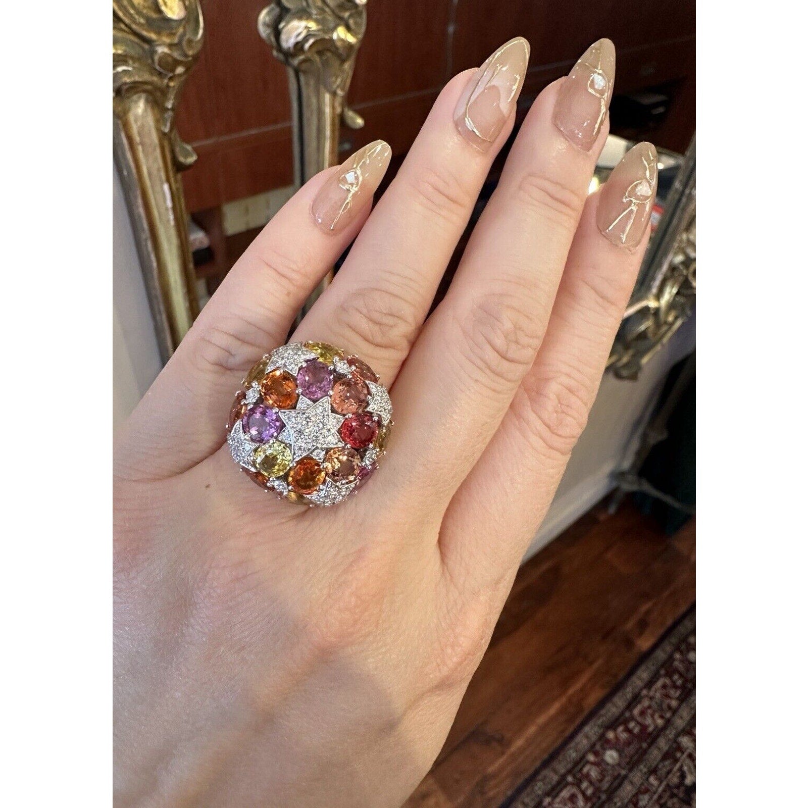 Multicolor Sapphire and Diamond Star Dome Ring in 18k White Gold