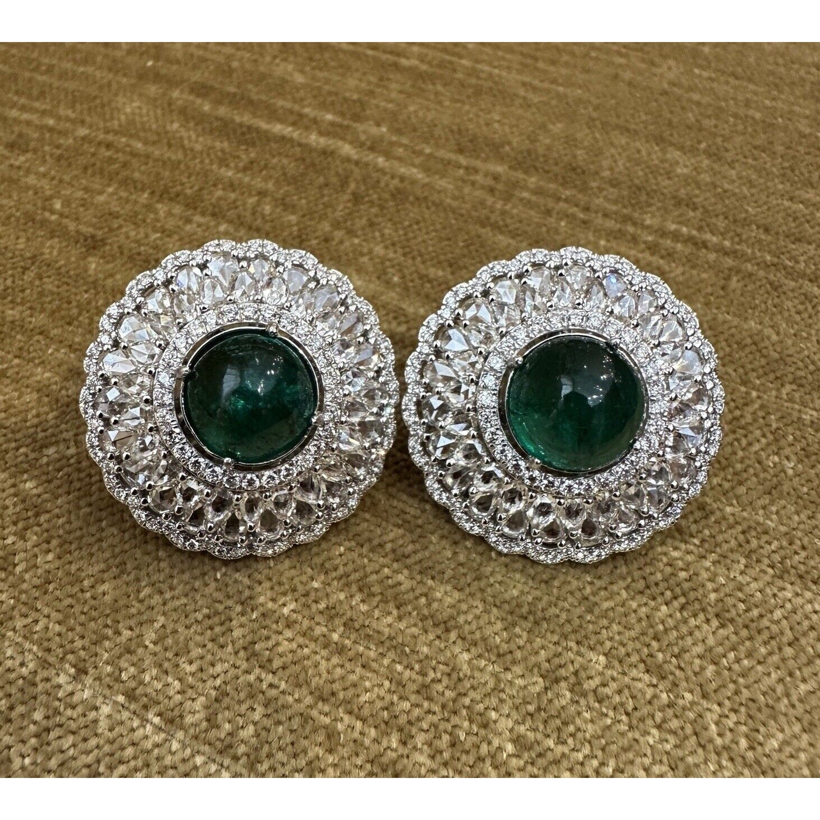 Emerald Cabochon and Rose cut Diamond Earrings in 18k White Gold - HM2569EI