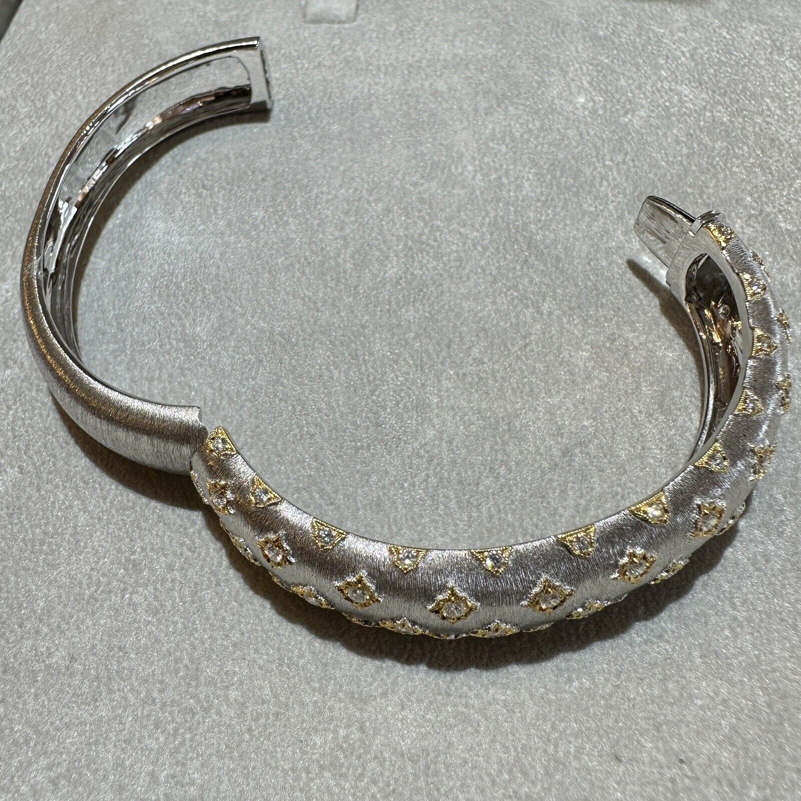 Wide Diamond Bangle Bracelet in Textured 18k White and Yellow Gold