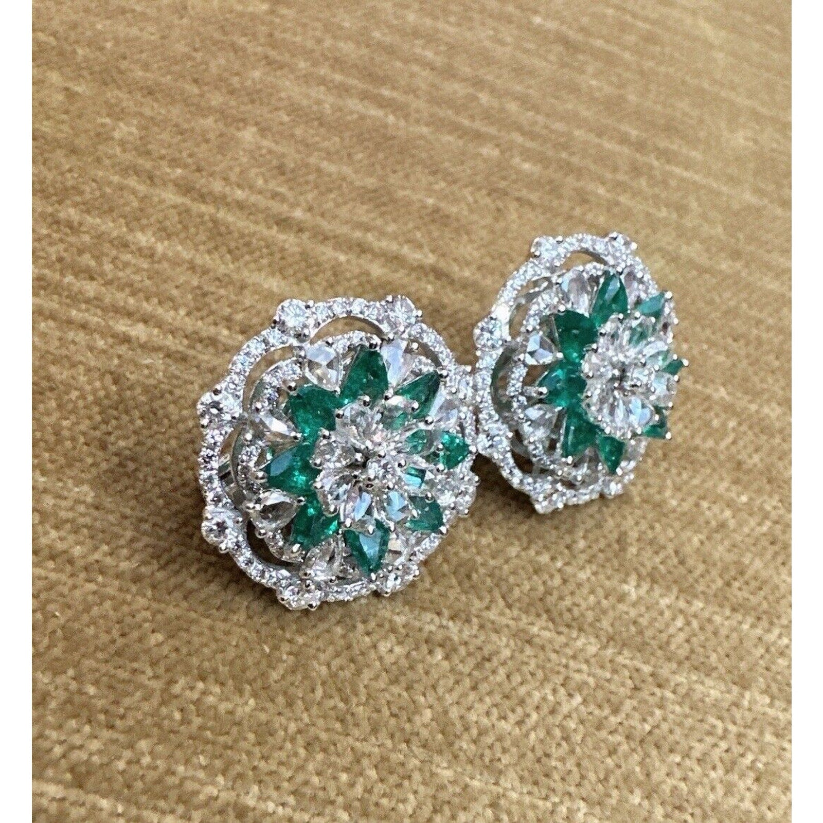Emerald and Diamond Cluster Flower Button Earrings in 18k White Gold
