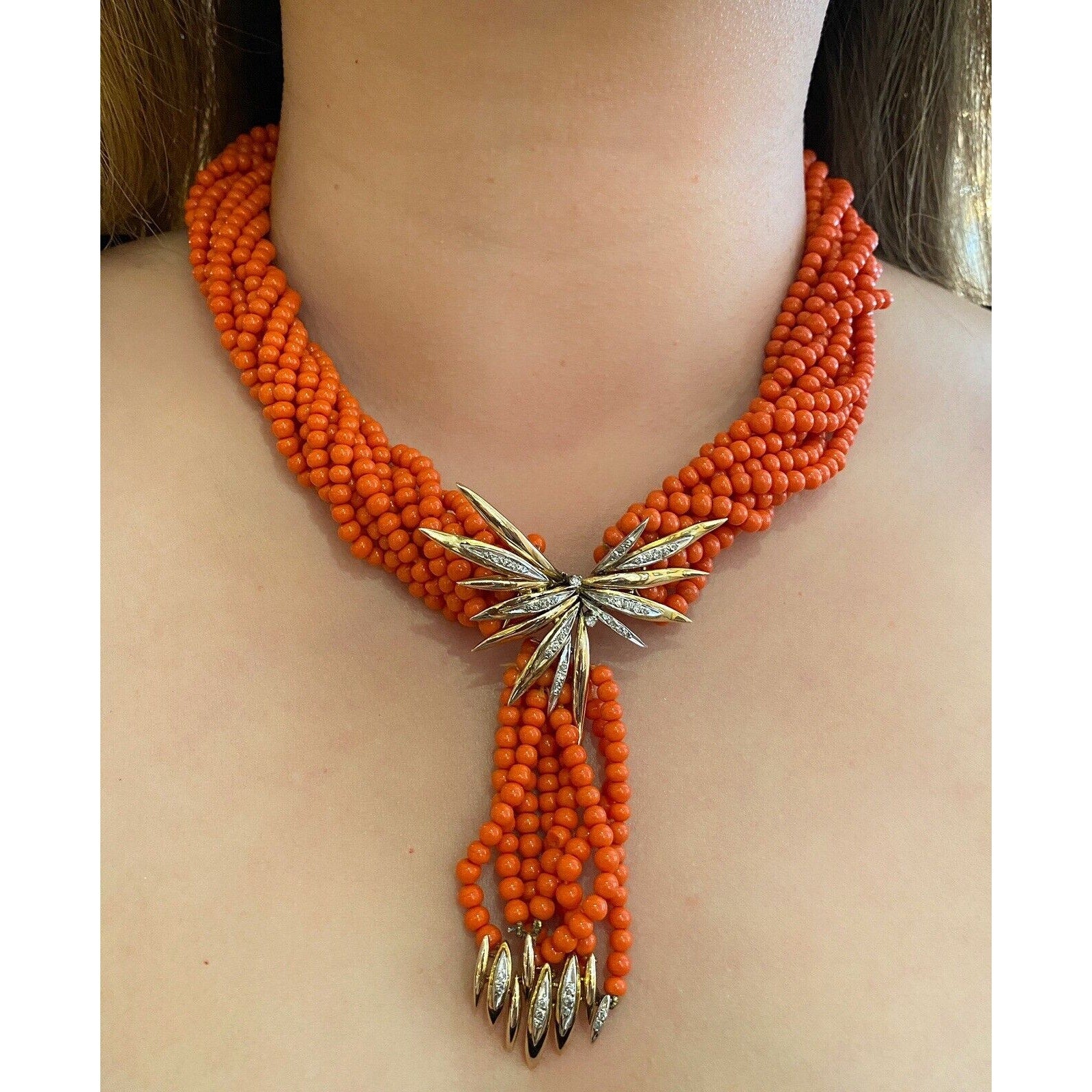 Vintage Multistrand Coral & Diamond Necklace 14k Yellow / White Gold