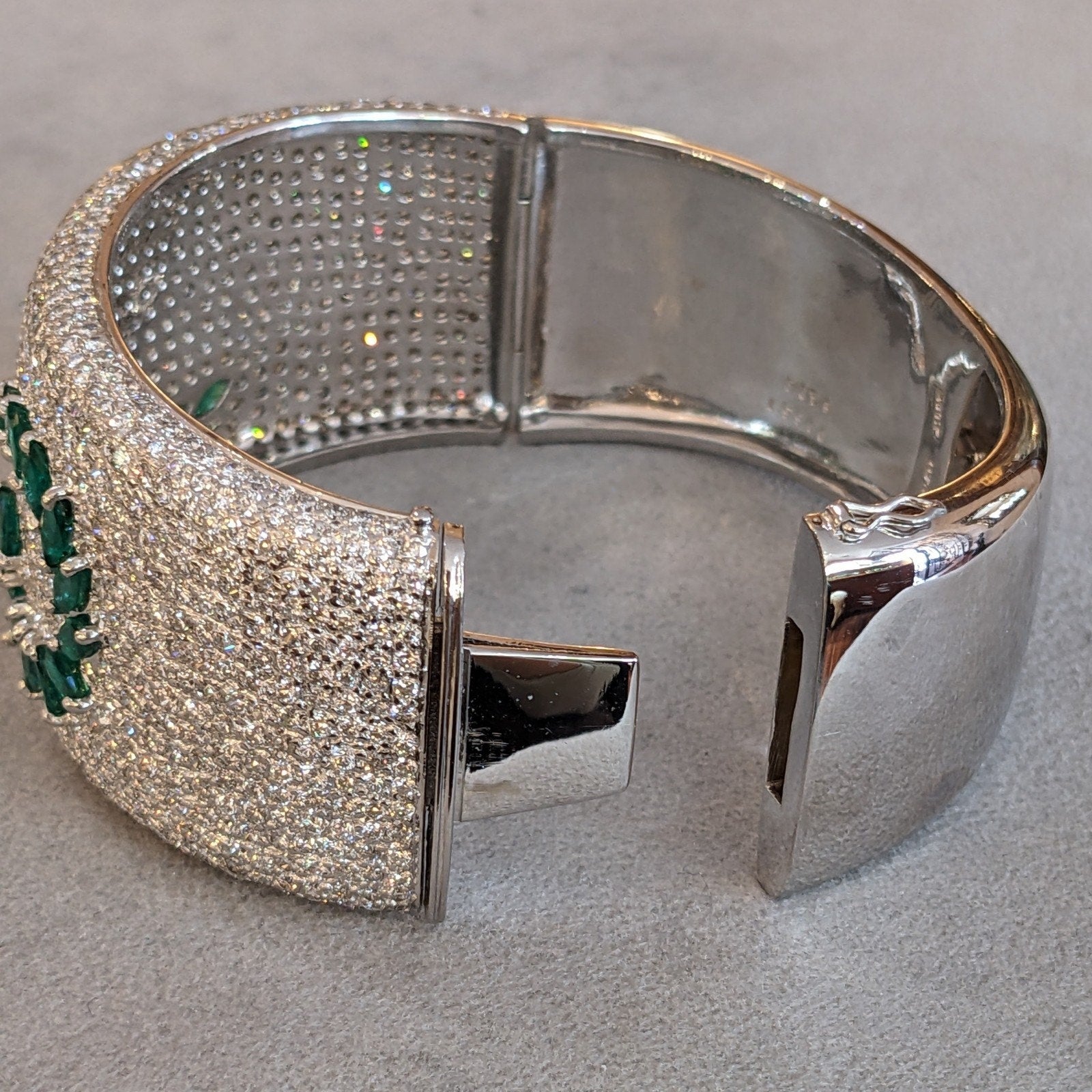 Wide Pave Diamond and Marquise Emerald Bangle Bracelet in 18k Gold
