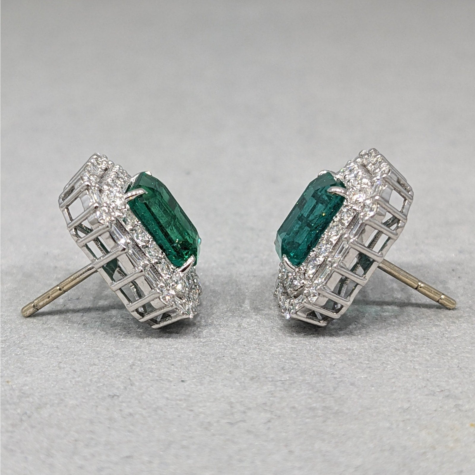 GIA 4.42 ct Emerald Double Halo Diamond Earrings in 18k White Gold