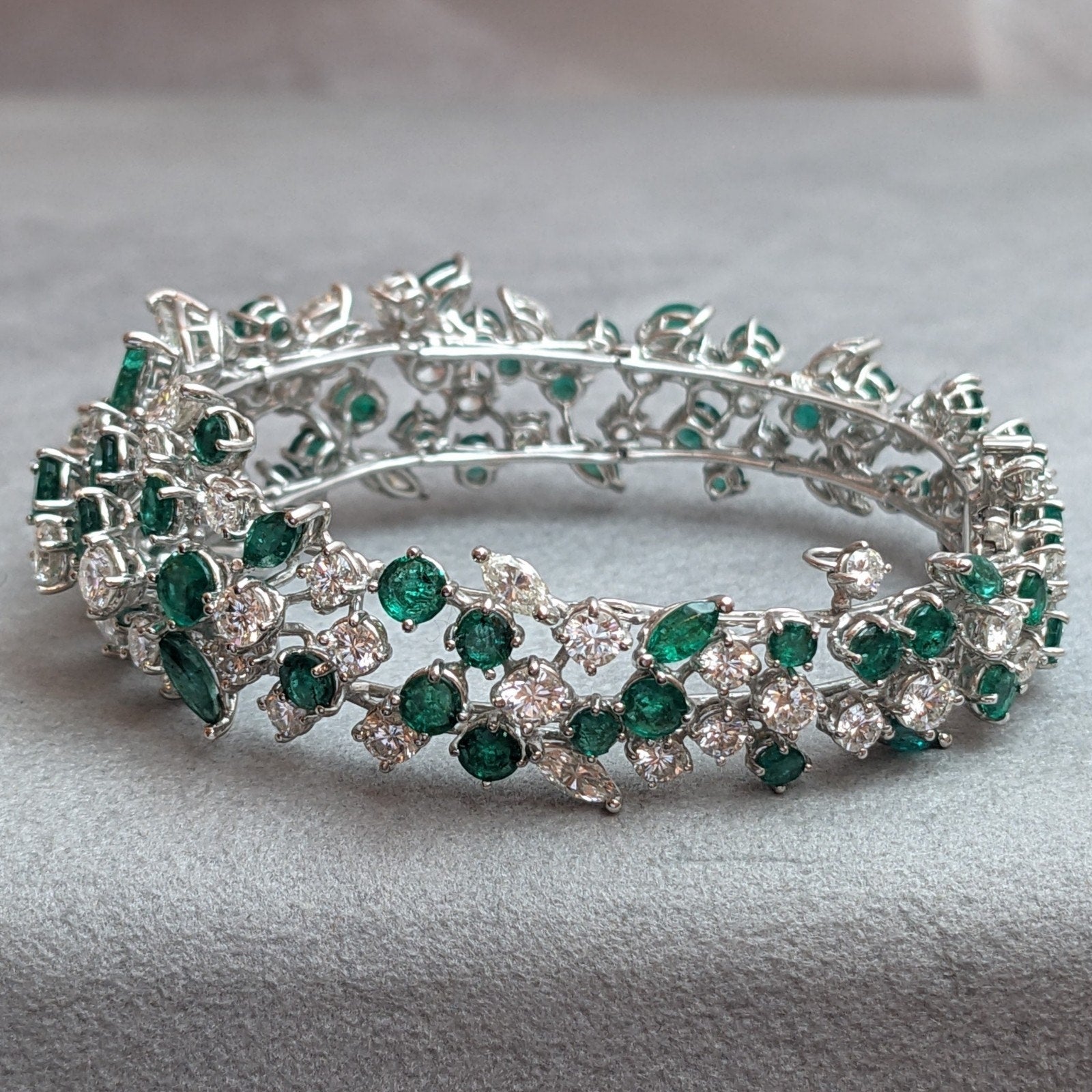 Round and Marquise Diamond and Emerald Cluster Bracelet in Platinum & 14k