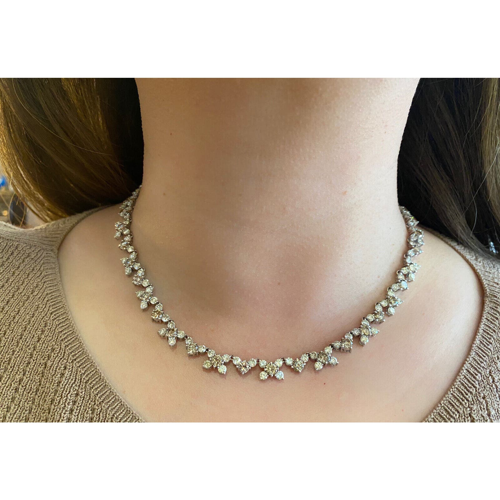 24.61 ct Champagne & White Diamond Tennis Necklace in 18k White Gold -HM2293IE