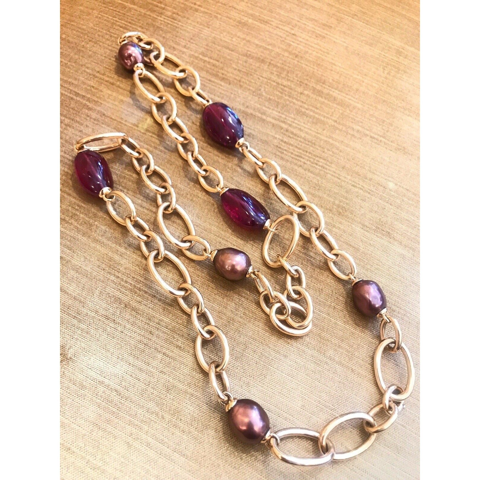 Margot Mckinney 18k RG Link Necklace with Pearls and Rubellites 38"