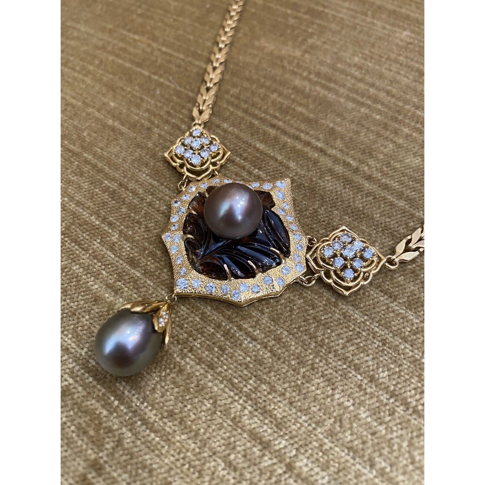 Vintage Black Pearls, Tourmaline and Diamond in 18k Yellow Gold -- HM1700AS
