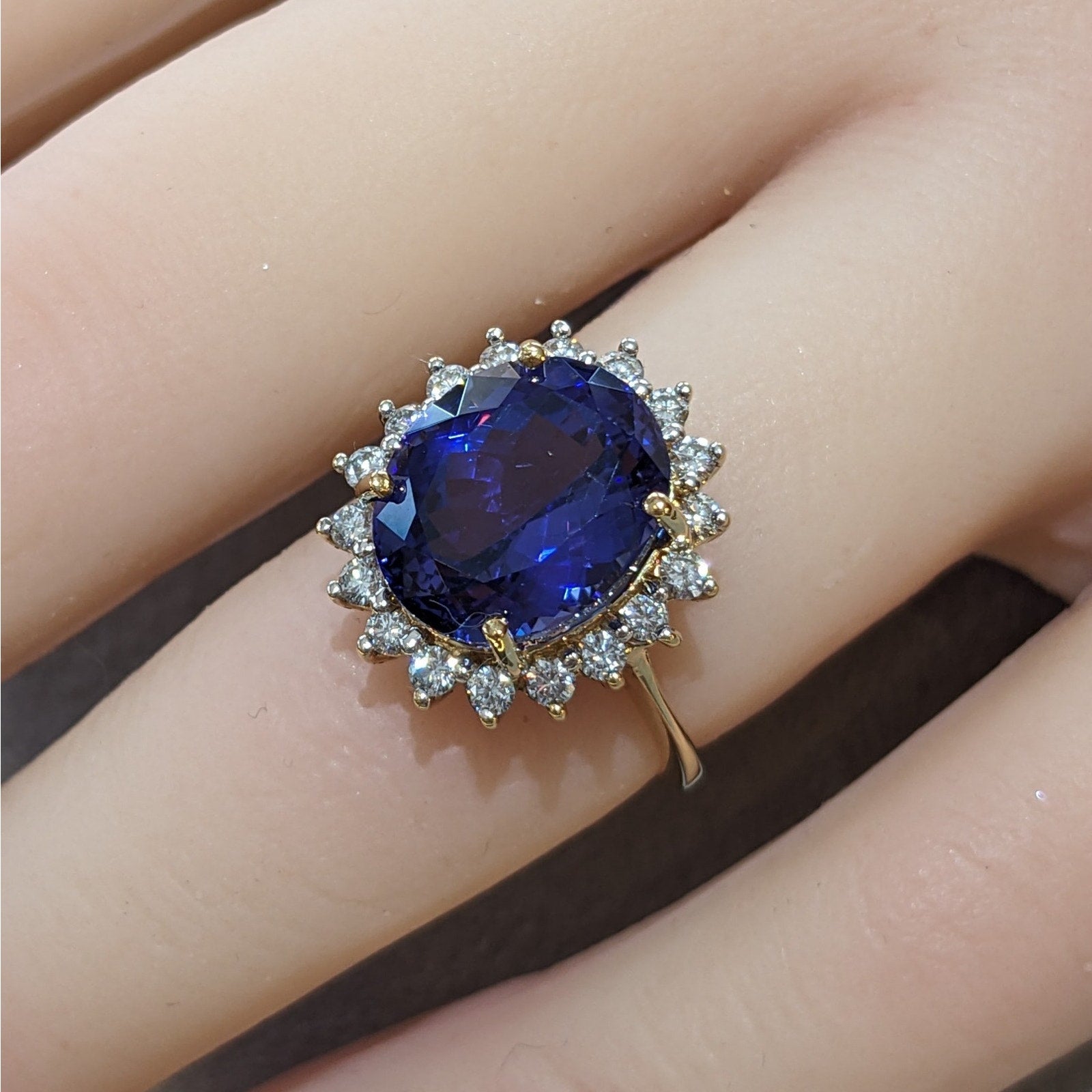 Estate 5cts Oval Tanzanite Ring with Halo Diamonds in 18k Yellow Gold