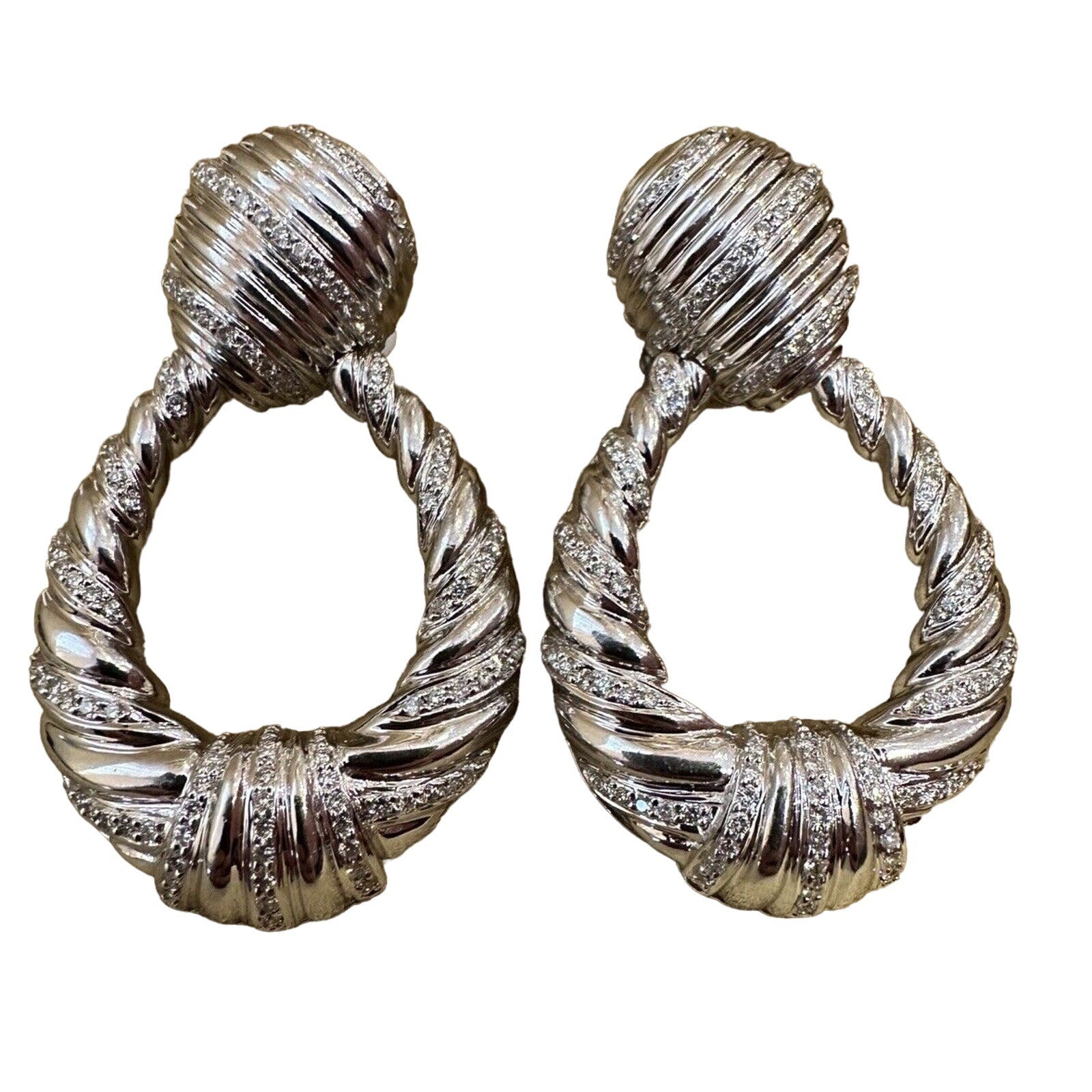 Large Twist Diamond Door-knocker Drop Earrings in 18k White Gold