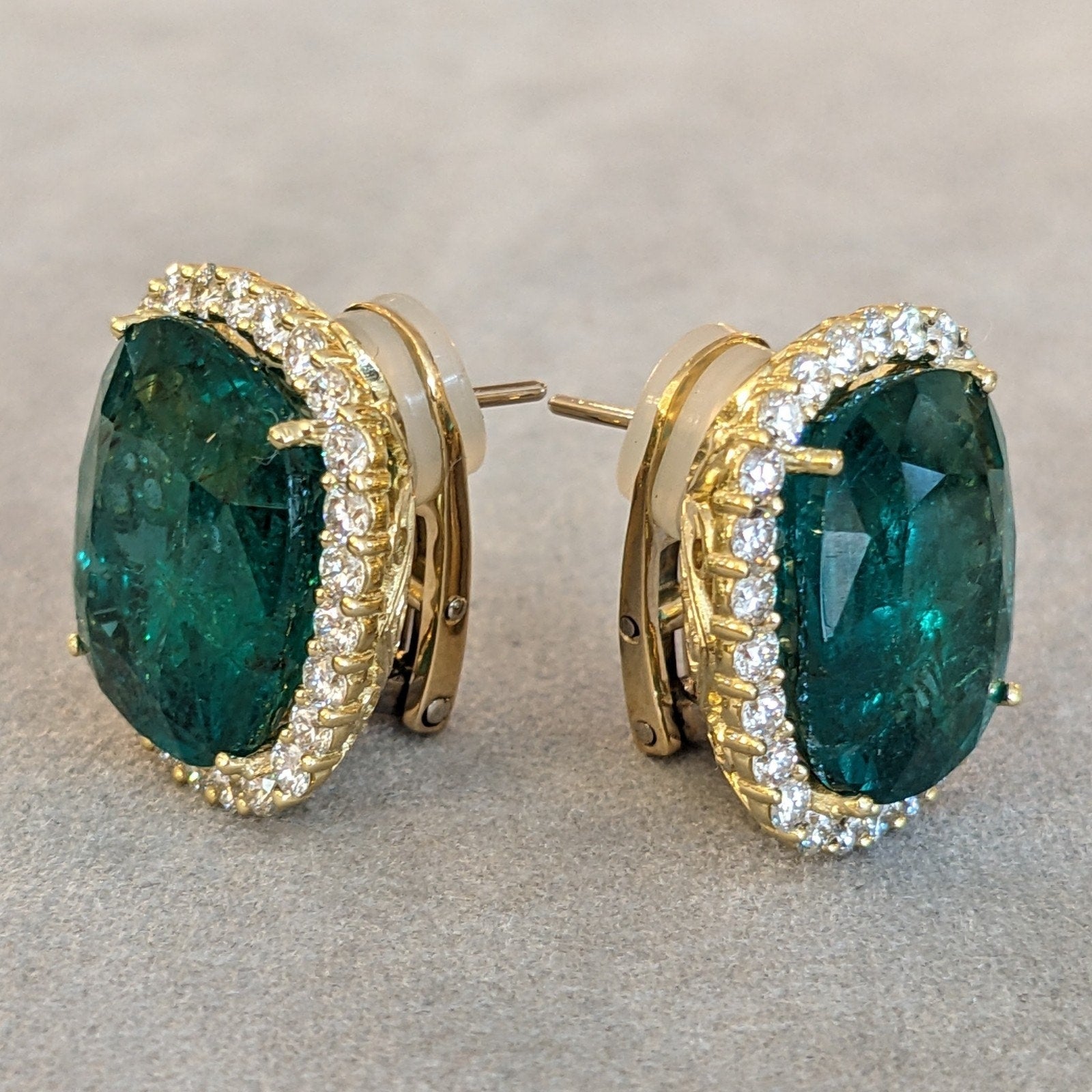 AGL 29.15 cts Cushion Emerald Halo Diamond Earrings 18k Yellow Gold