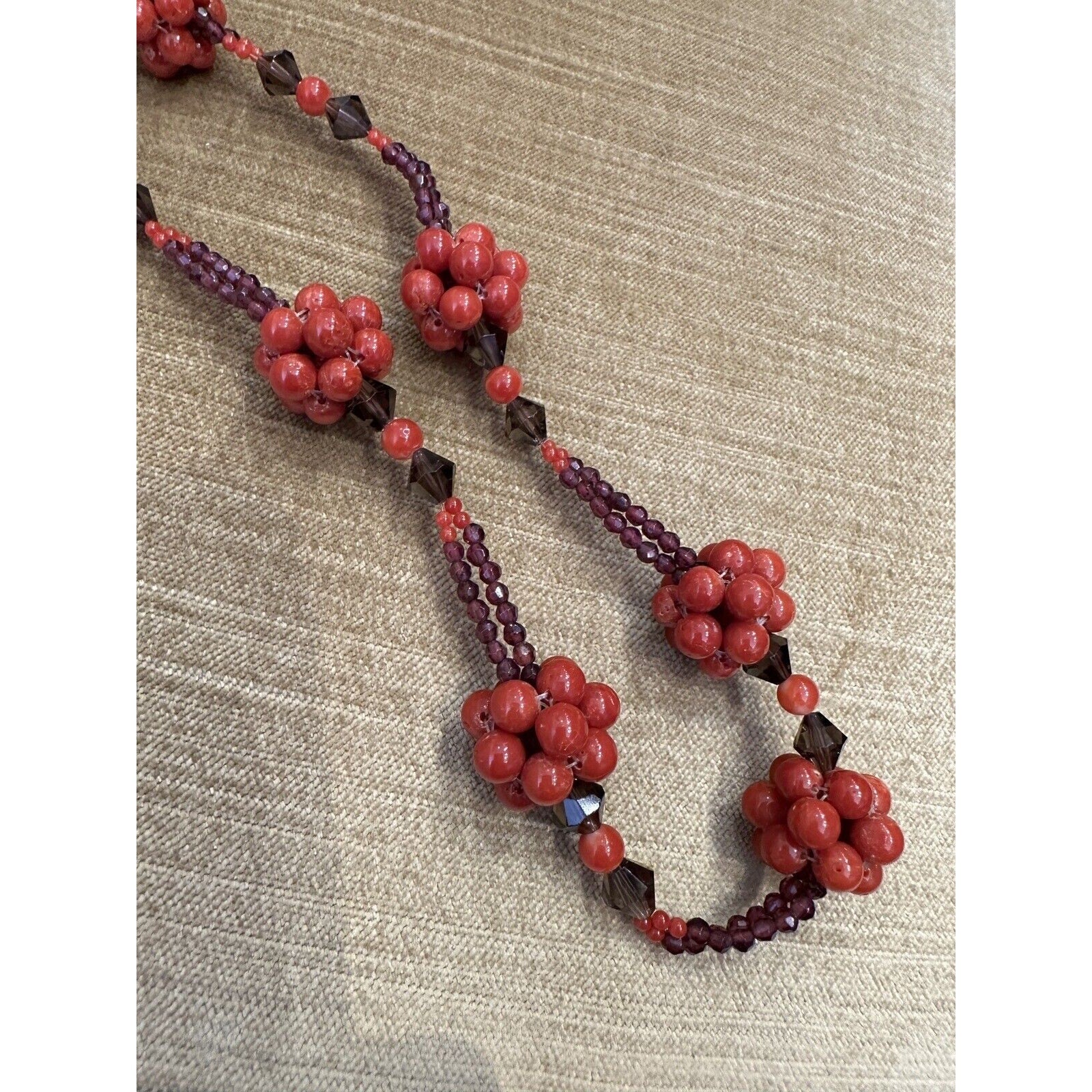 Coral, Garnet and Quartz Bead Necklace in 14k Yellow Gold