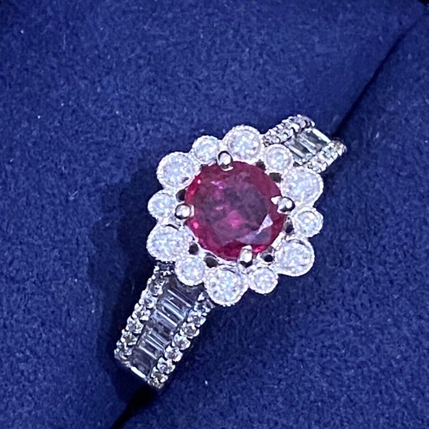 Ruby and Diamond Halo Ring 1.43 cttw in 18K White Gold