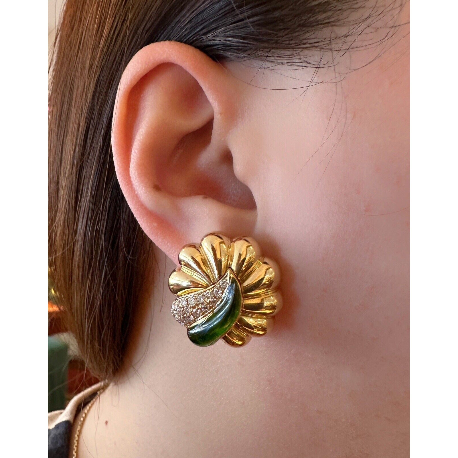 Green Enamel & Diamond Scallop Earrings in 18k/14k Yellow Gold - HM2524SZ