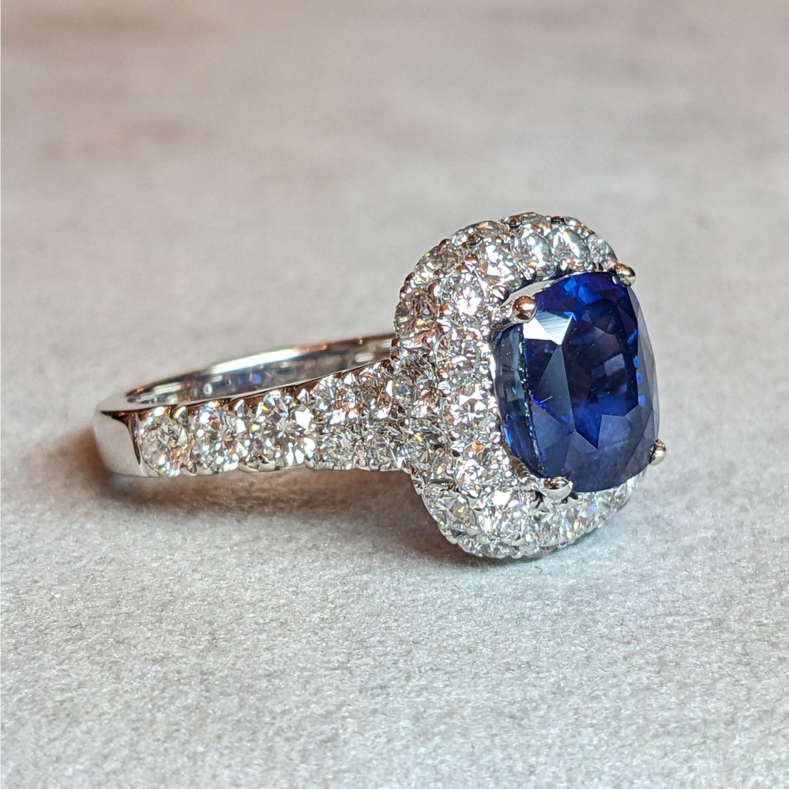 GIA Natural 5.27 ct Cushion Sapphire & Diamond Ring in 18k White Gold - HM2767BR