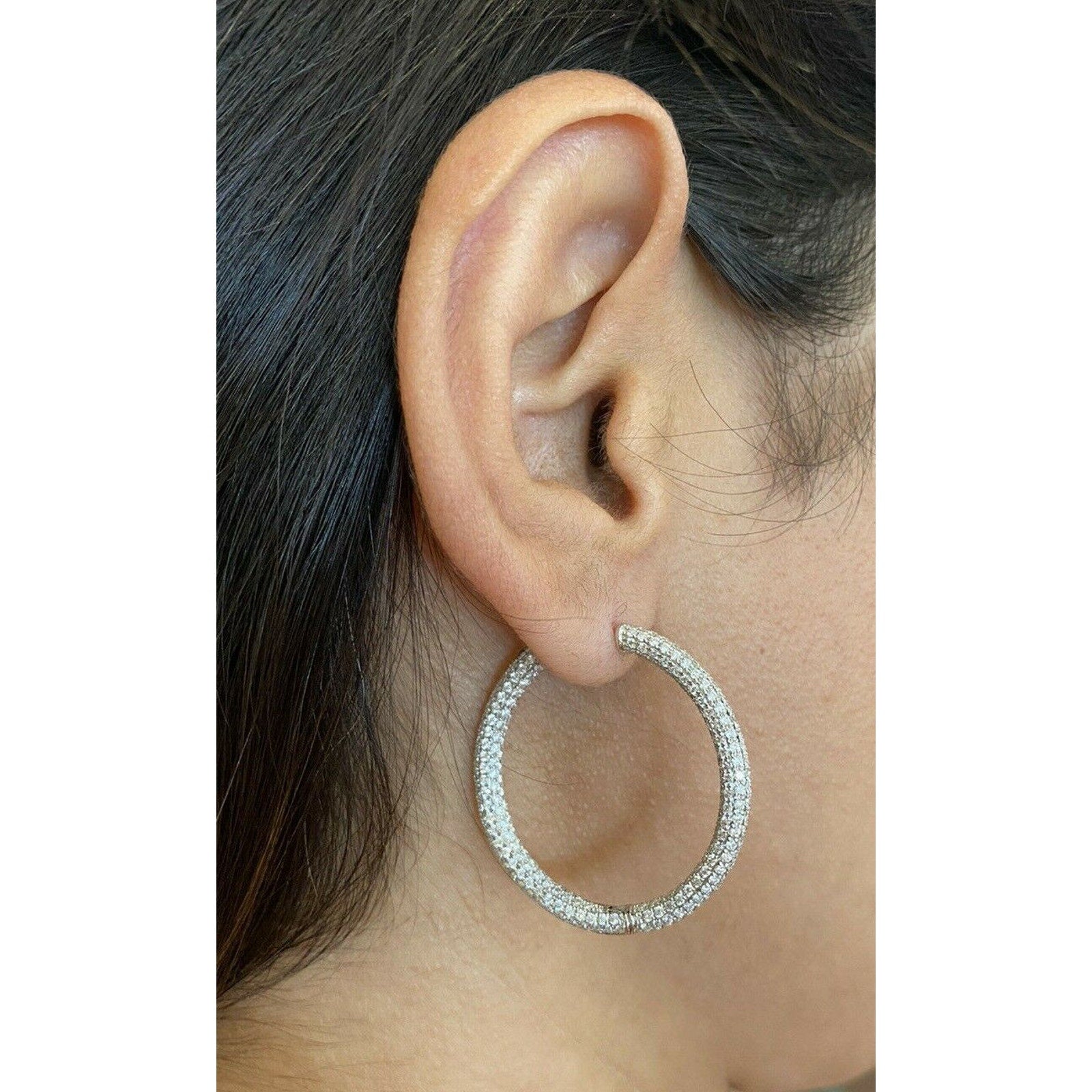 5.04 ct Round Pave Diamond Hoop Earrings in 18k White Gold by Odelia