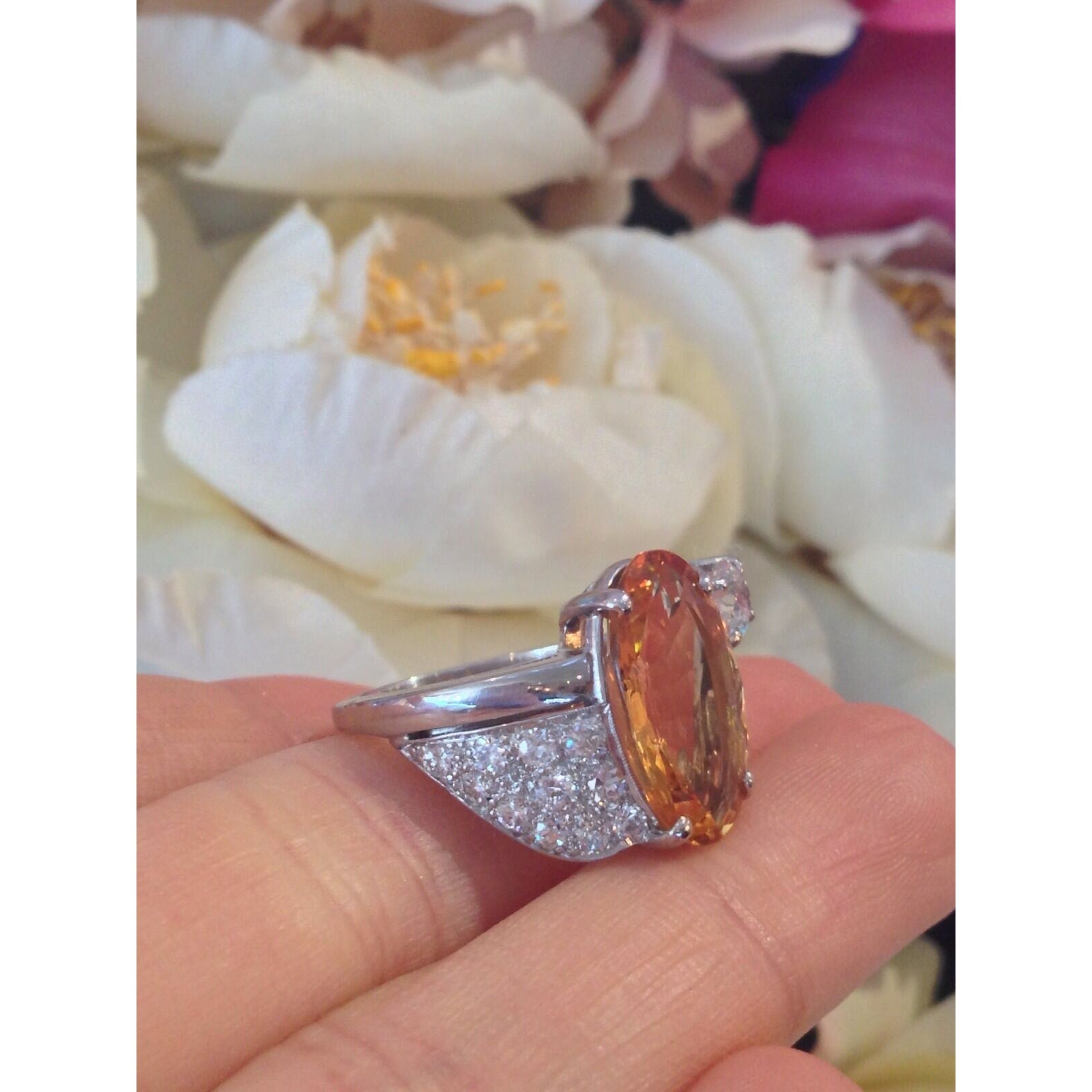 GIA certified 6.78 ct Yellow-Orange Topaz and Diamond Ring in Platinum